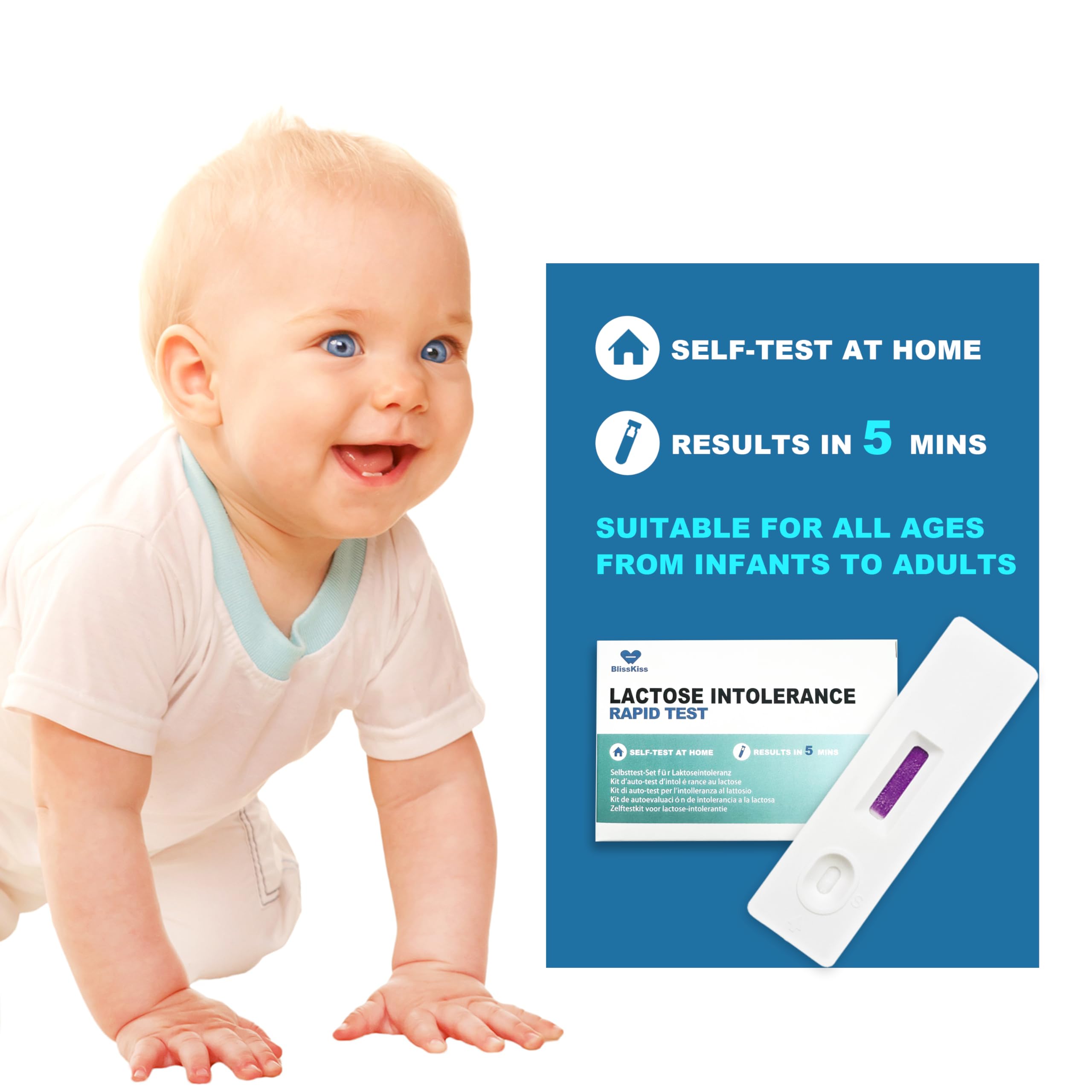 BlissKiss Lactose Intolerance Test Kit - Quick, Accurate Home Self-Test Kit for Infants & Adults, Includes Multi-Language Instru