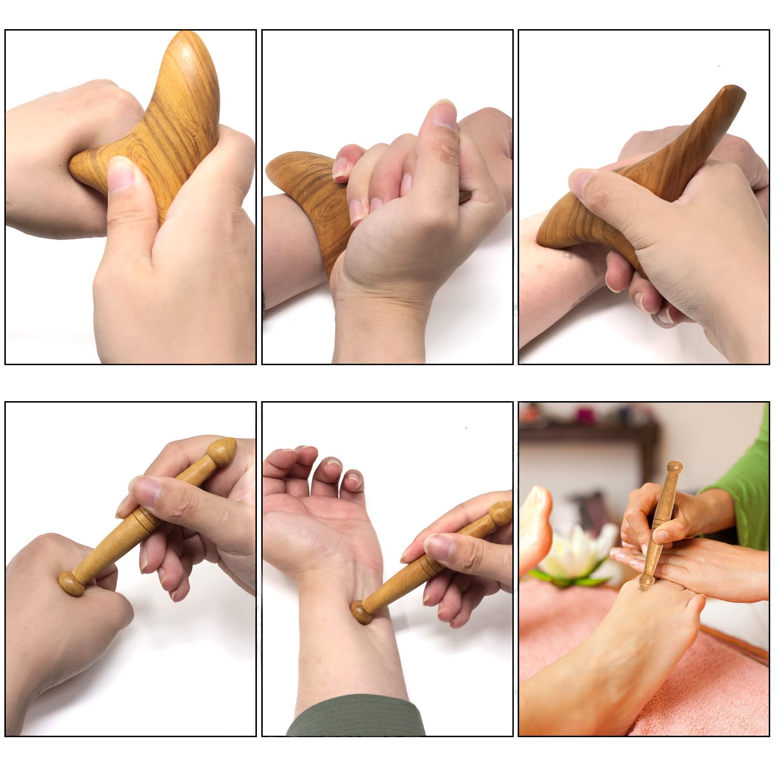 Honbay 2PCS Reflexology Tools Wood Body Massager Triangle Gua Sha Board Scraping Board Foot Massage Stick Tool Head Neck Hand Wa