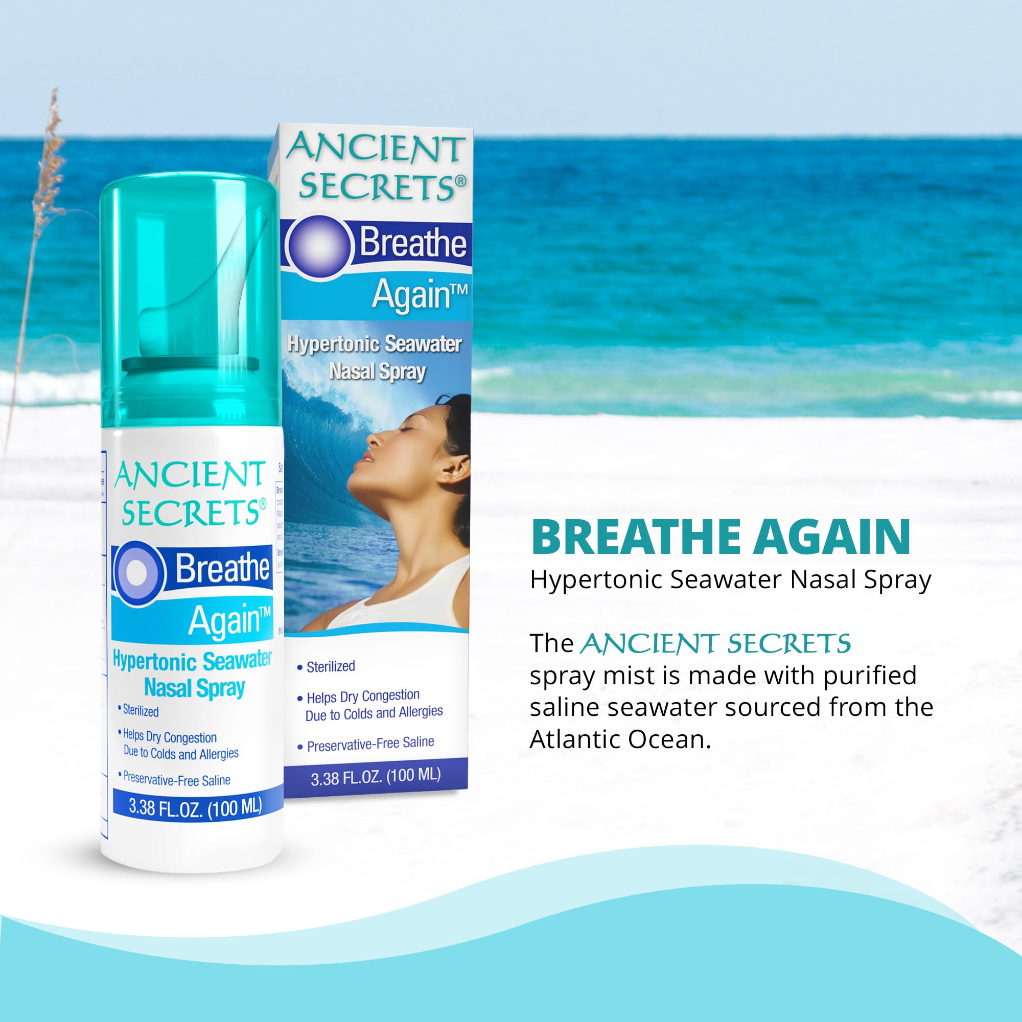 ANCIENT SECRETS Saline Nasal Spray - Breath Again Hypertonic Seawater Nasal Spray, Allergy & Sinus Relief, Nasal Congestion Mois
