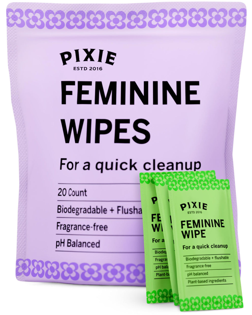 Pixie Feminine Wipes - Flushable, Biodegradable, & Ph Balanced - Best Individually Wrapped Packet Wipes for On The Go & Public B