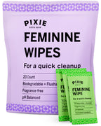 Pixie Feminine Wipes - Flushable, Biodegradable, & Ph Balanced - Best Individually Wrapped Packet Wipes for On The Go & Public B