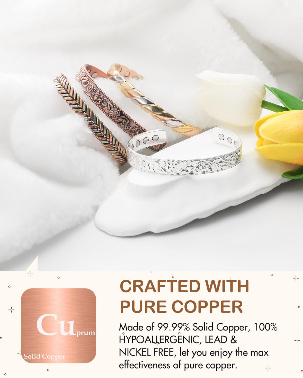 Feraco Copper Bracelet for Women, 12X Ultra Strength Magnetic Bracelets, 99.99% Pure Copper Cuff Bangle with 3500 Gauss Neodymiu