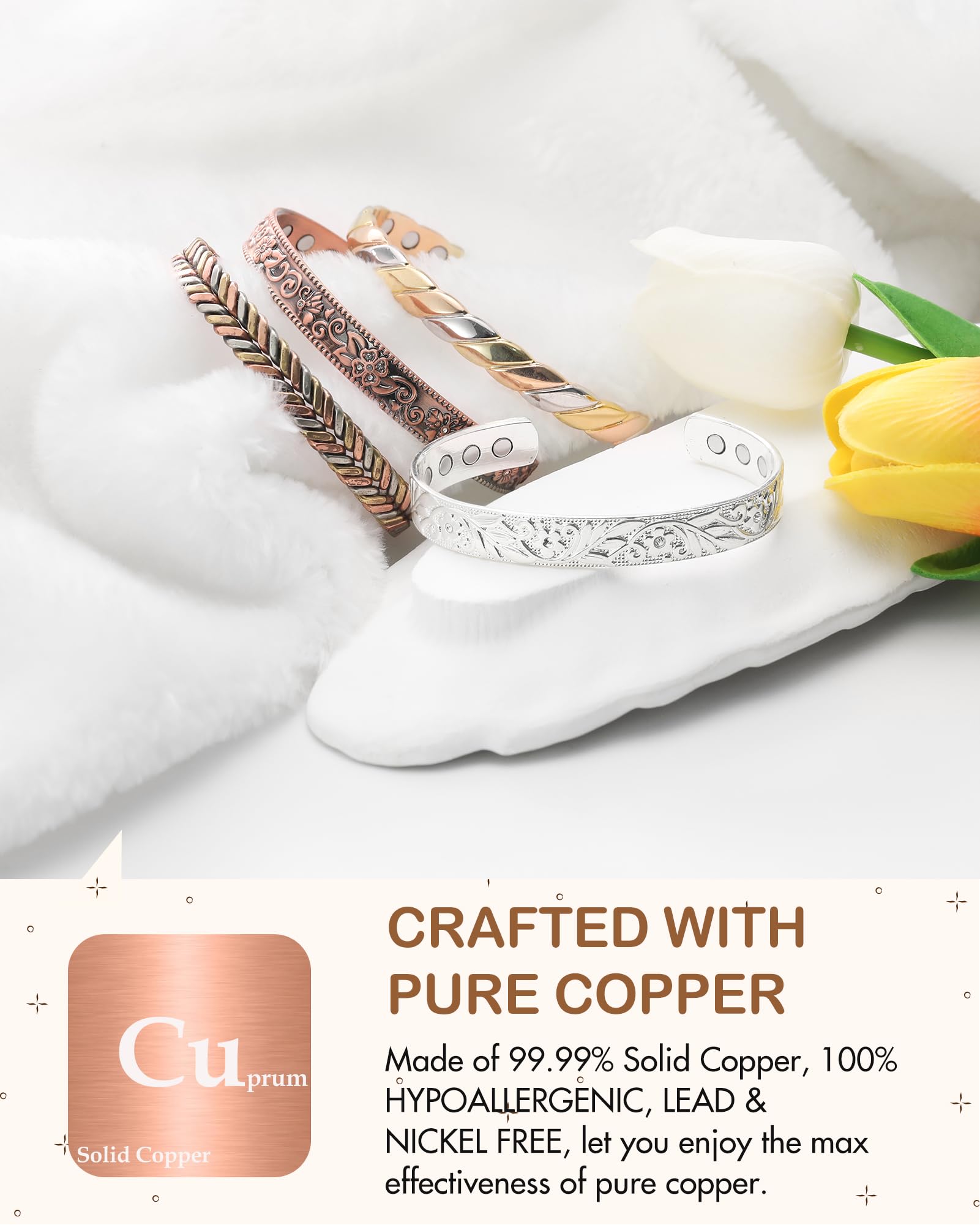 Feraco Copper Bracelet for Women, 12X Ultra Strength Magnetic Bracelets, 99.99% Pure Copper Cuff Bangle with 3500 Gauss Neodymiu