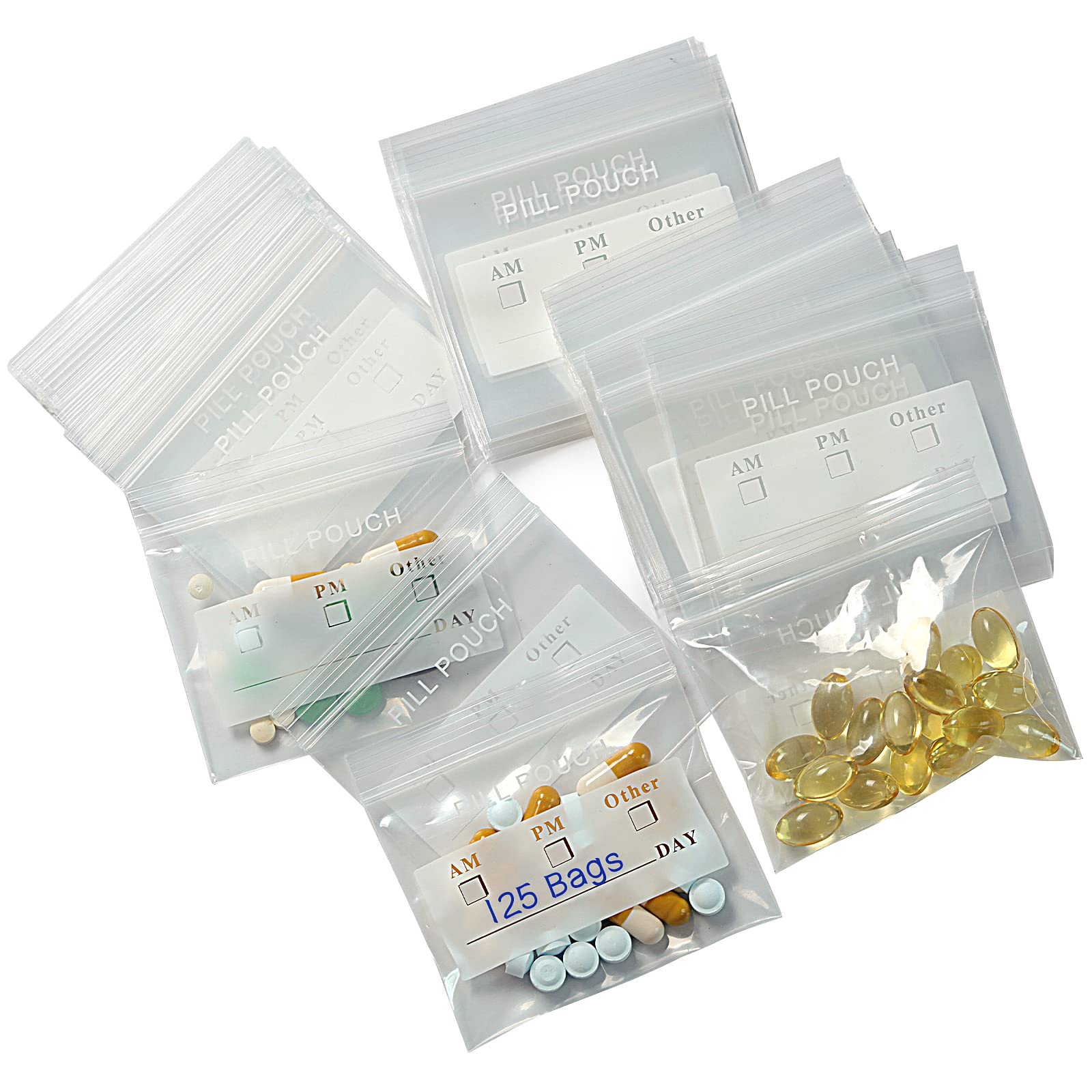 125 Packs 6 Mil Sturdy Pill Bags BPA Free Pill Pouch 3 x 2.75 Inch Write-on Label Seal Waterproof Reusable Clear Small Ziplock P