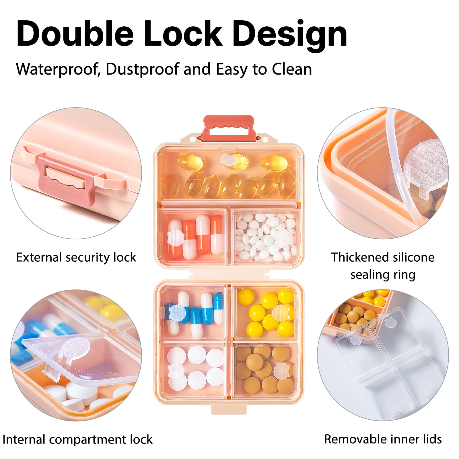 1 Pack Travel Pill Organizer,Portable Daily Pill Box,7 Grid Compartments Weekly Pill Case with Lables,Mini Medicine Organizer Bo