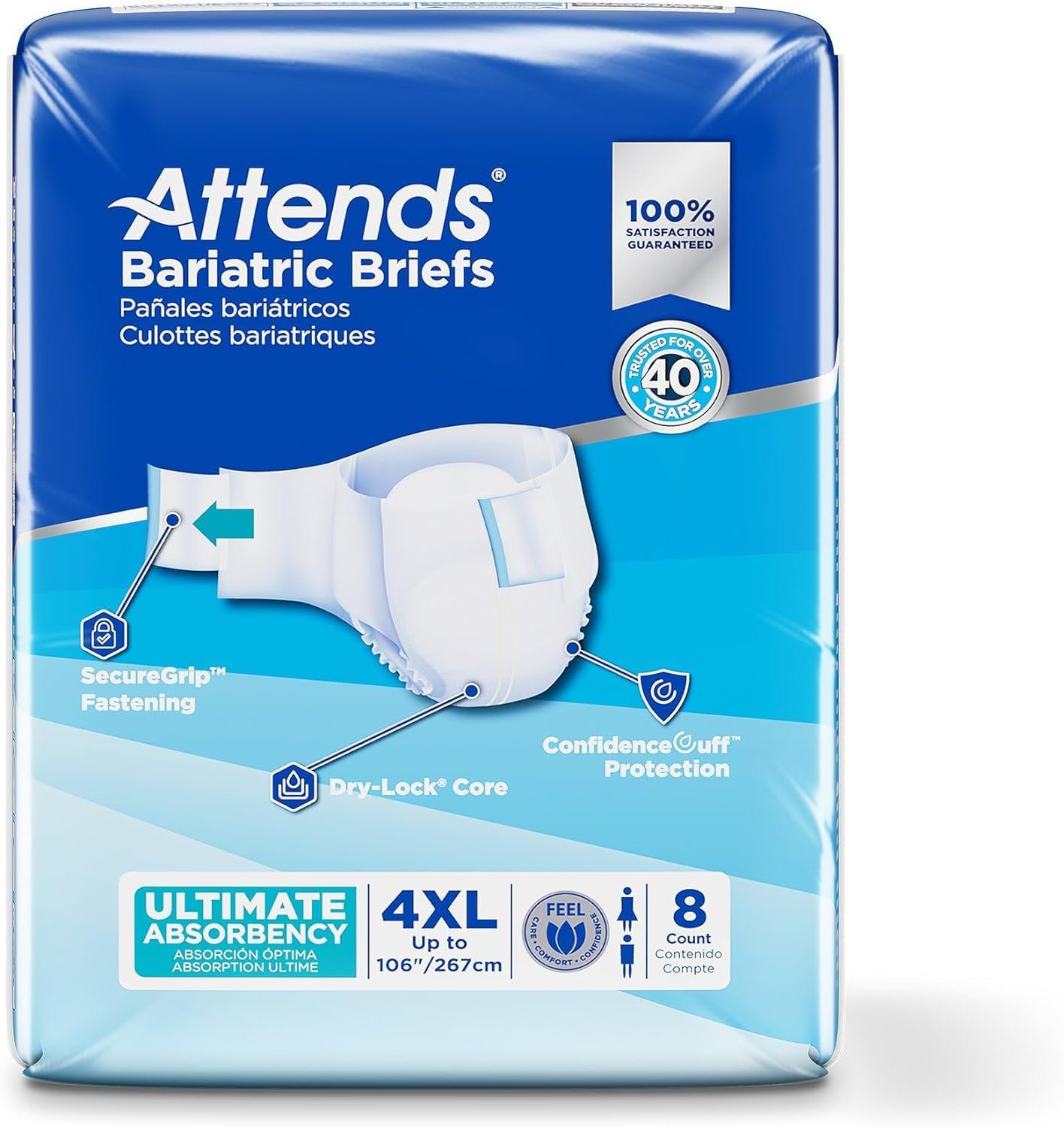 Attends Bariatric Incontinence Disposable Briefs, 4X-Large, Up to 106 Waist with SecureGrip Tab Closure, Ultimate Absorbency, Dr