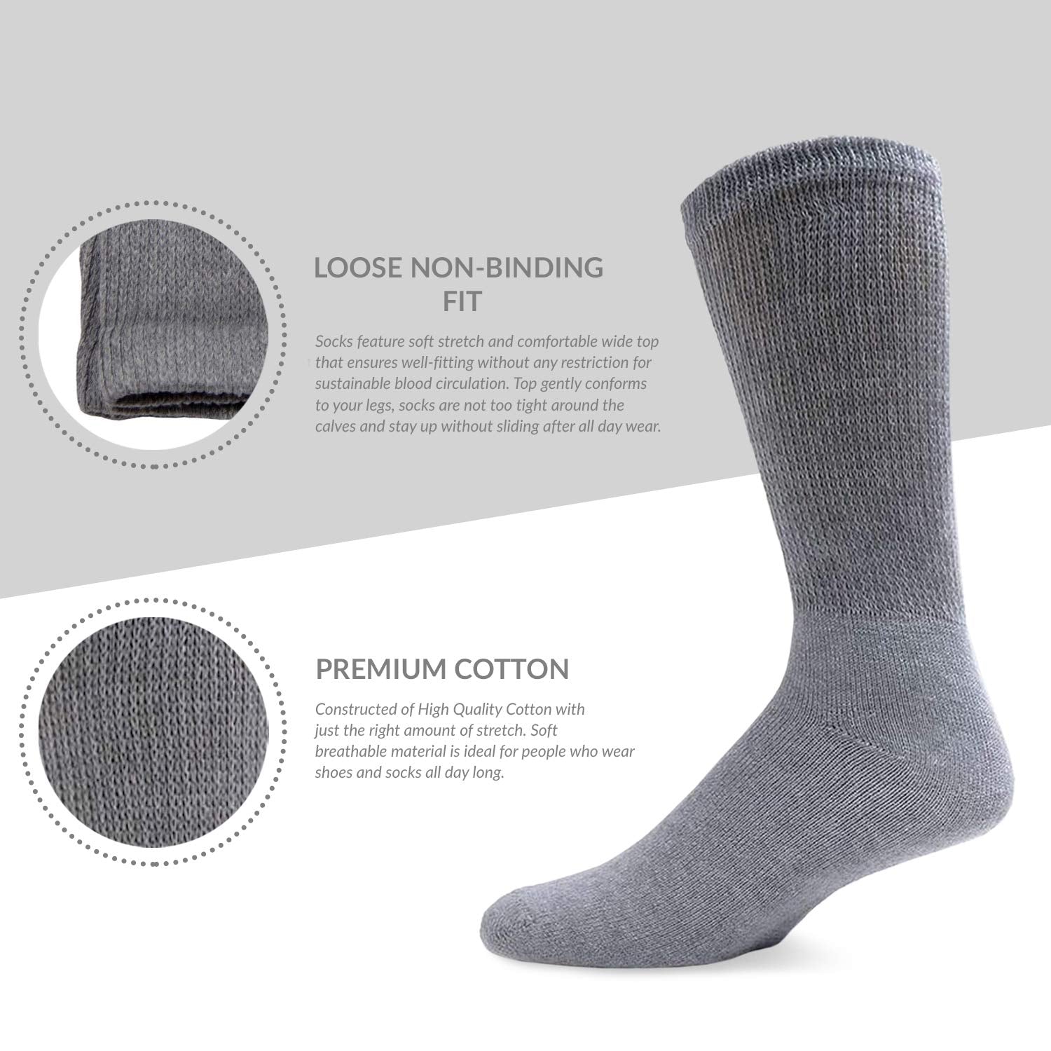 6 Pairs of Cotton Diabetic Non-Binding Neuropathy Crew Socks (White, Fits Mens shoe size 9-12/Womens shoe size 10-13)