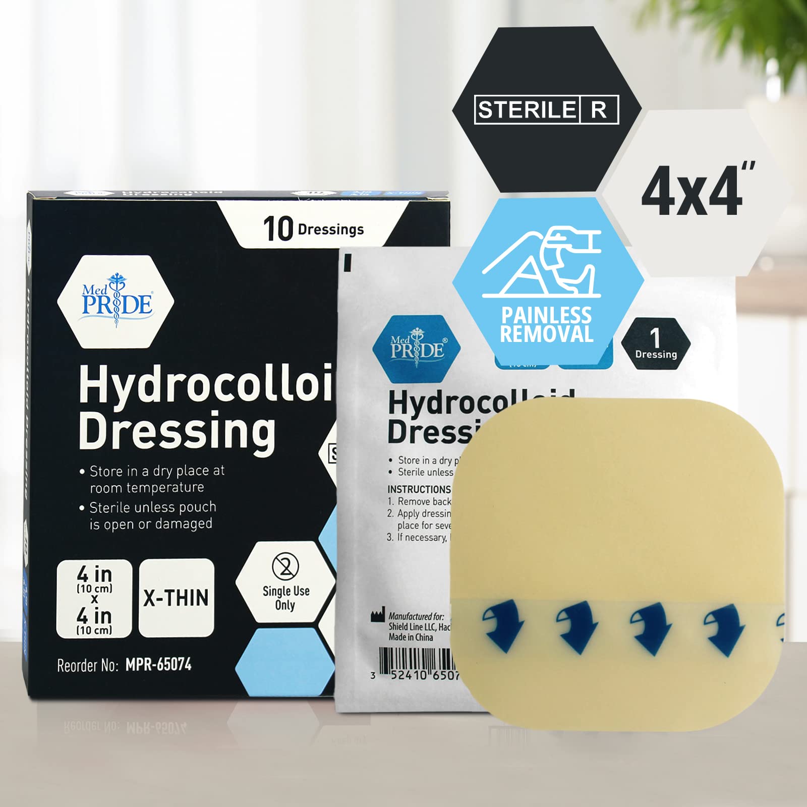 MED PRIDE Hydrocolloid Dressing 4x4 Sterile Adhesive Pads, 10 Pack, Absorbent Ulcer Bandages for Wounds, Blisters, Burns, Multip