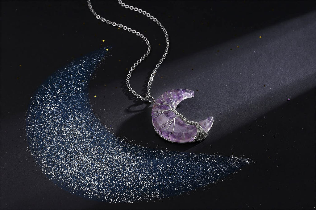 MAIBAOTA Amethyst Necklace Healing Crystals Tree Life Wire Wrapped Crescent Moon Phase Pendant Necklace Mothers Day Gifts for Mo