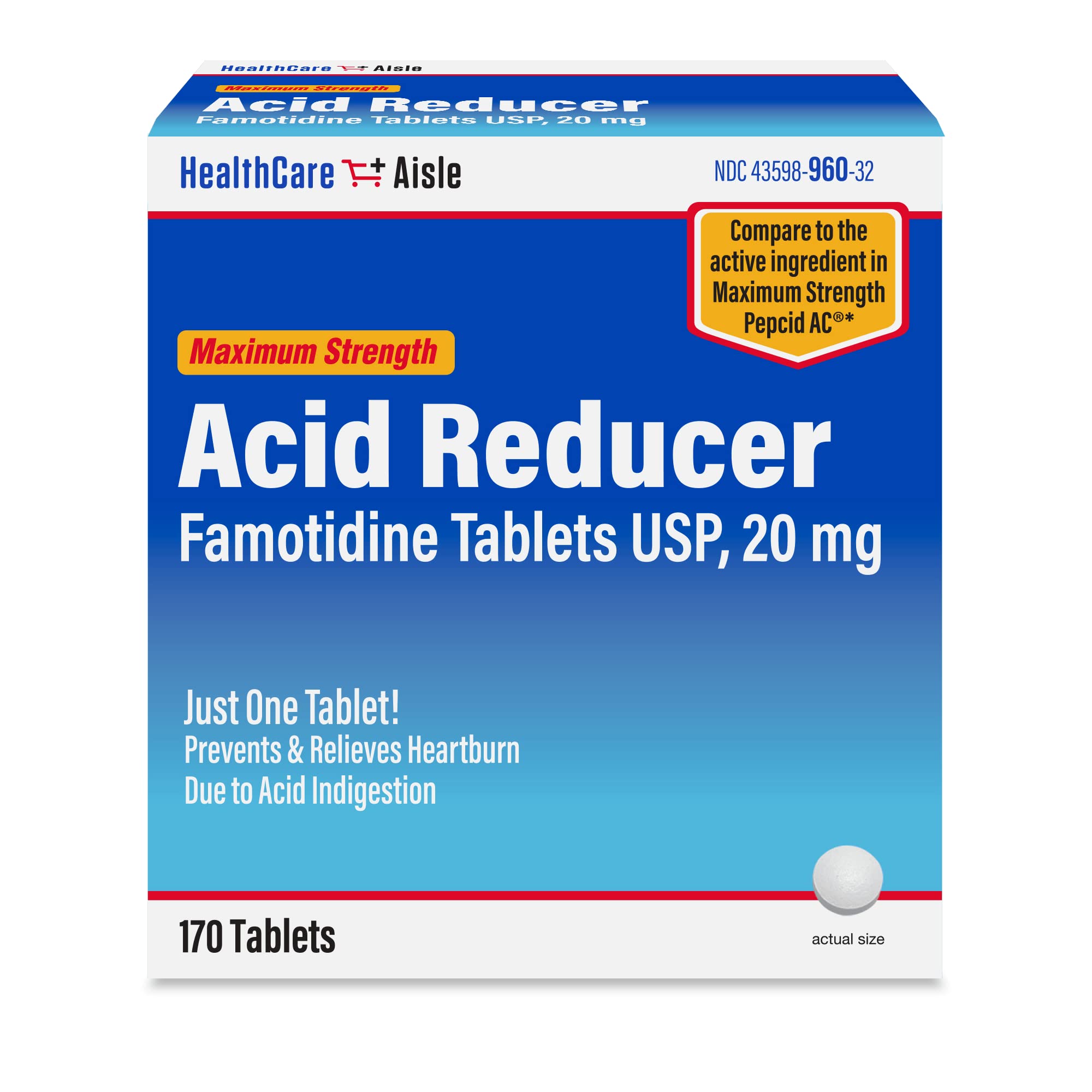 HealthCareAisle Famotidine 20 mg, 170 Tablets, Maximum Strength Acid Reducer, Prevents and Relieves Heartburn Due to Acid Indige