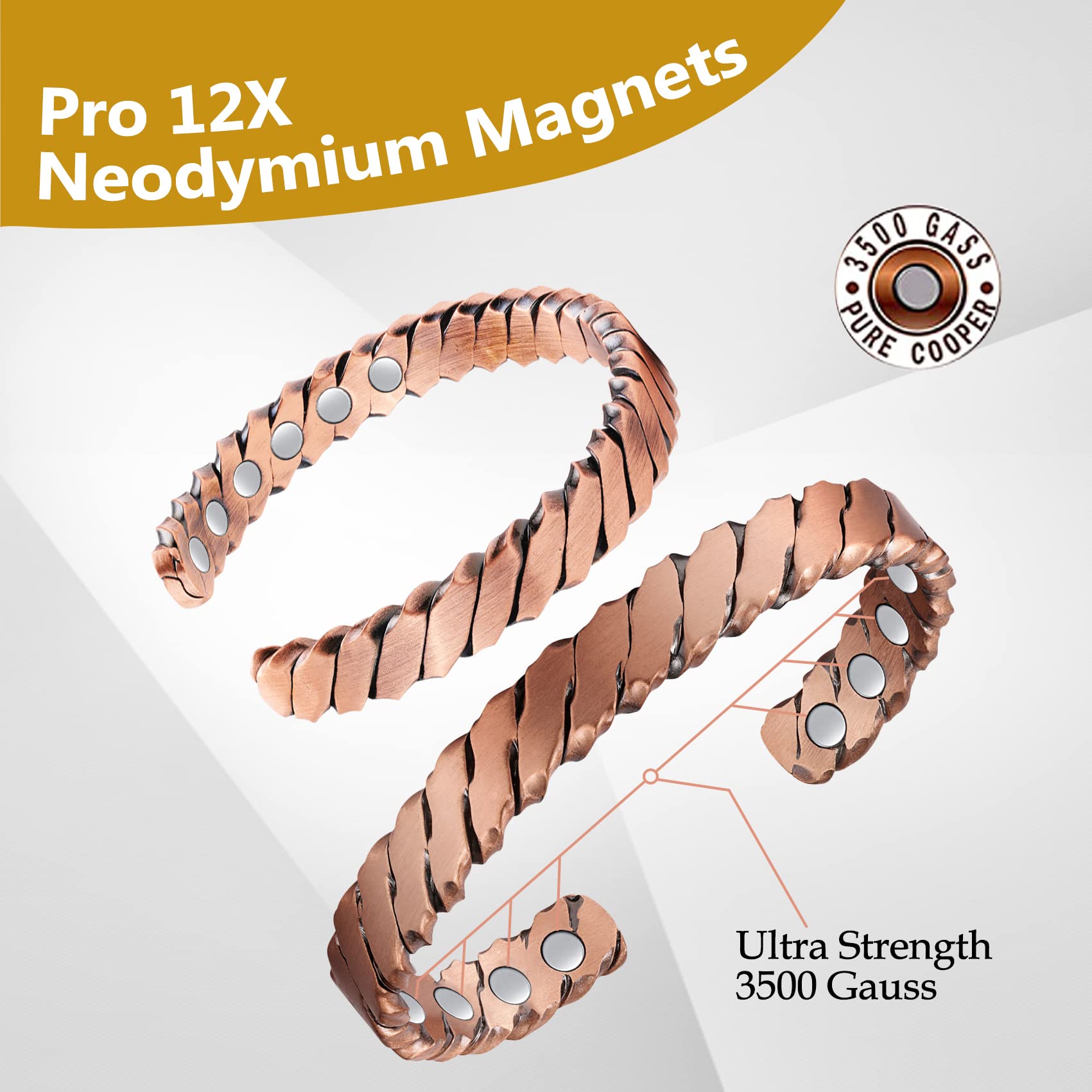 Feraco Copper Bracelets for Men, 12X Strength Pure Copper Magnetic Bracelet for Men with Neodymium Magnets, Adjustable Cuff Bang