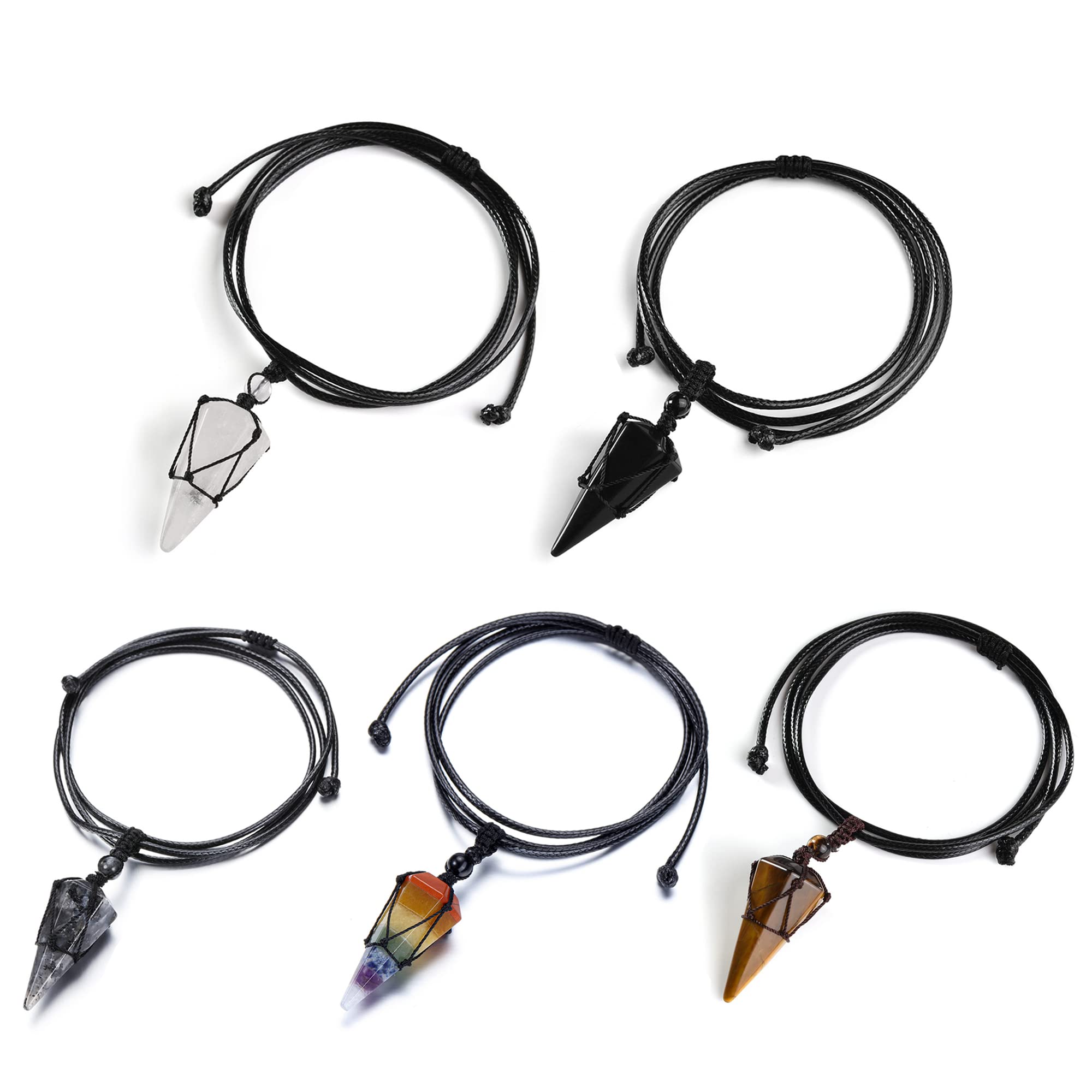 Top Plaza 5 Pcs Healing Crystal Necklaces Stone 6 Facet Pointed Pendant Necklaces Adjustable Natural Reiki Gemstone Necklace Qua