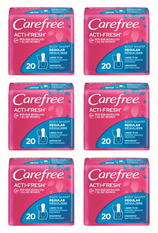 Carefree Acti-Fresh Body Shape Regular to Go Unscented Pantiliners, 20 Count (Pack of 6)