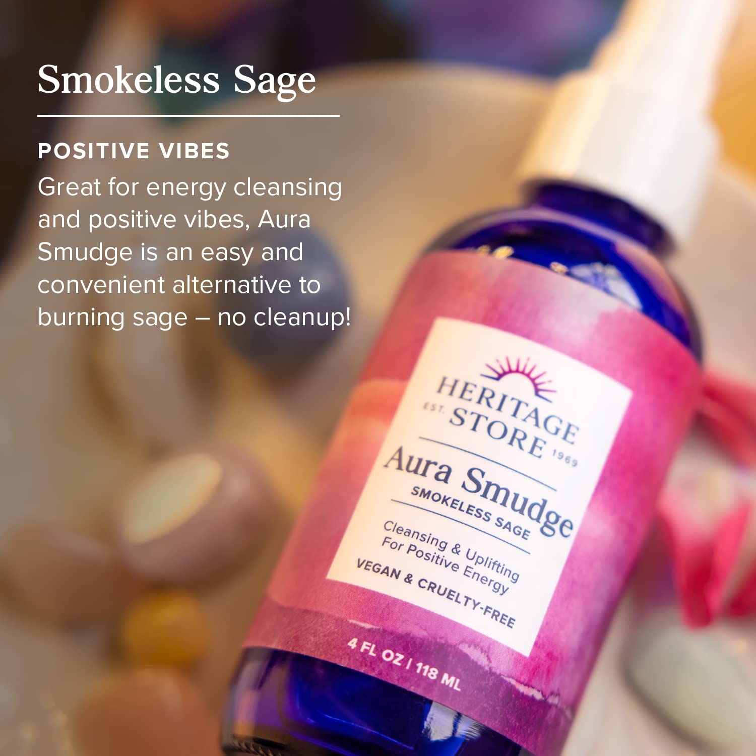 Heritage Store Aura Smudge Smokeless Sage with Juniper, Cleansing & Uplifting Spray for Positive Energy, Clean, Simple Alternati