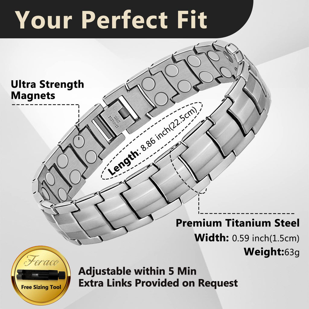 Feraco Magnetic Bracelet for Men Titanium Steel Magnetic Bracelet for Men with Double Row Magnets Adjustable (Silver)