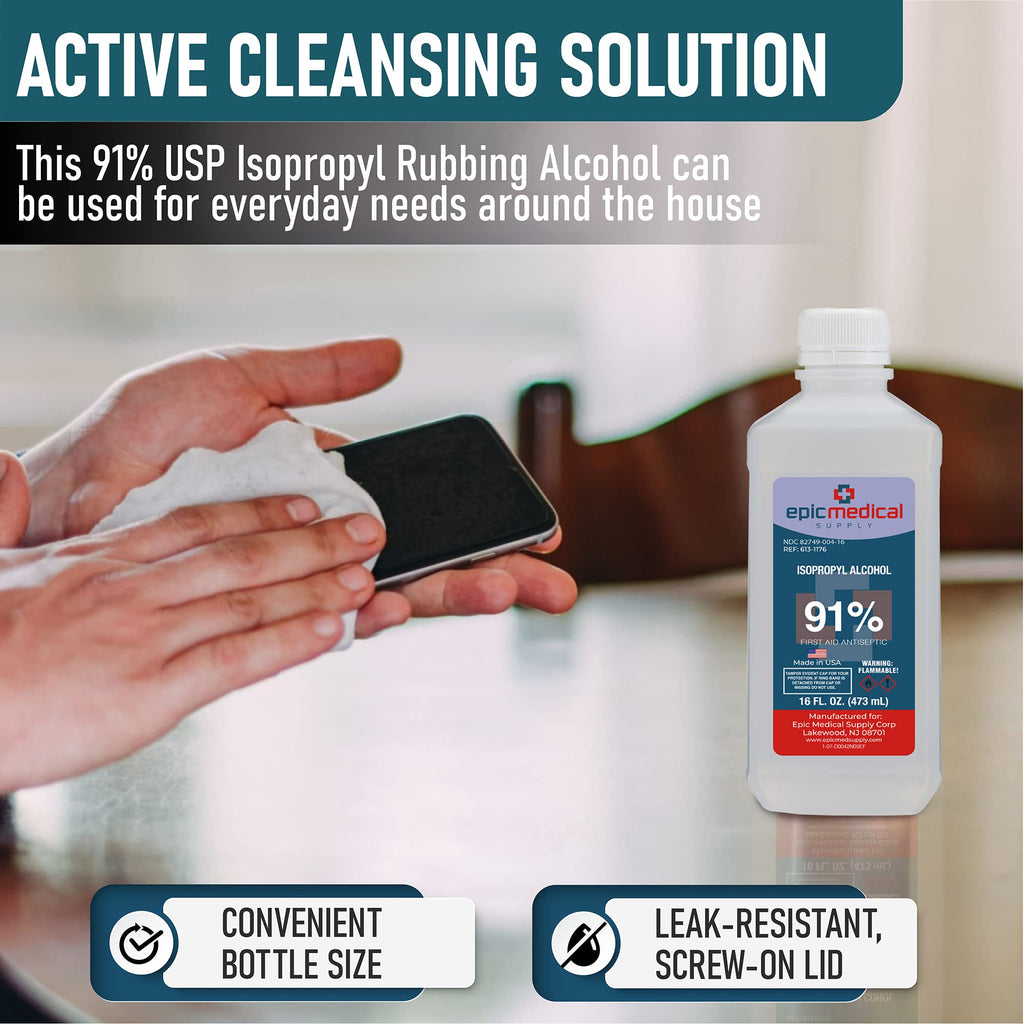 Epic Medical Supply 91% Percent Isopropyl Alcohol 91, Rubbing Alcohol Isopropilico 16 oz. Bottle, Multipurpose First Aid Antisep