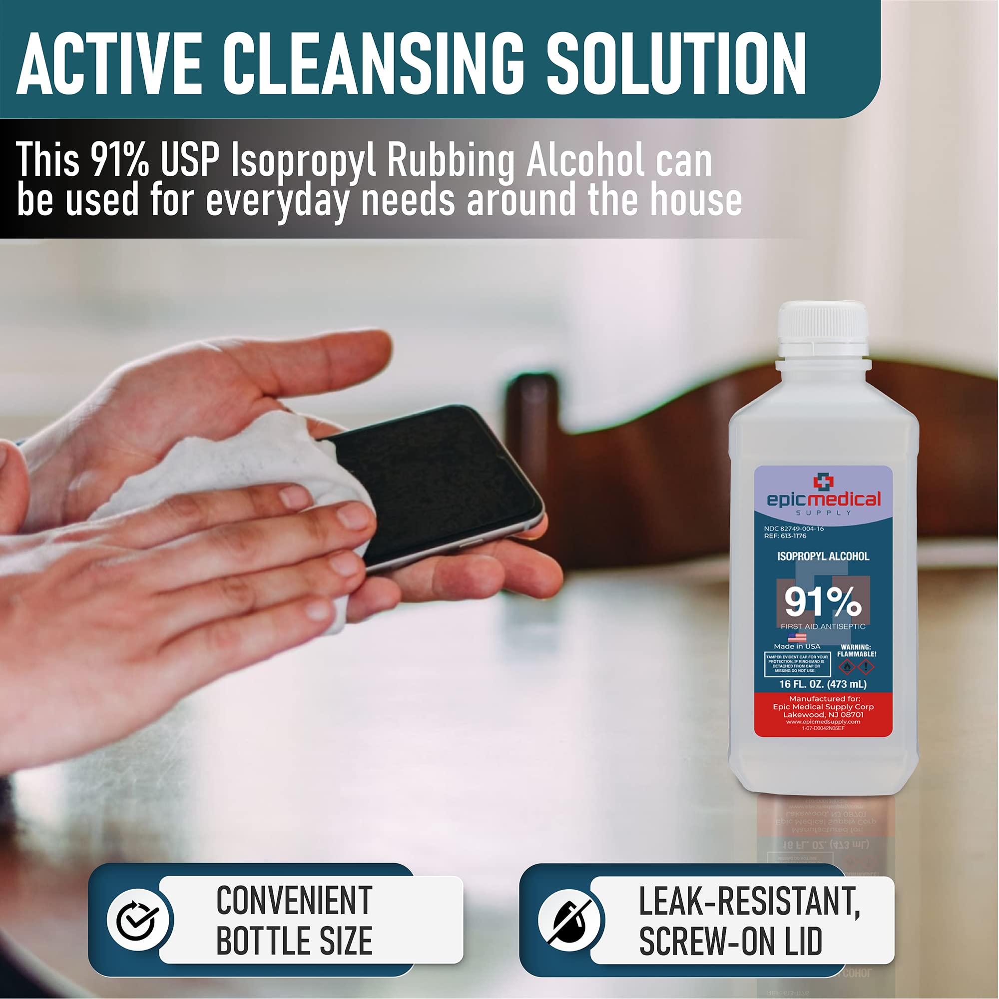 Epic Medical Supply 91% Percent Isopropyl Alcohol 91, Rubbing Alcohol Isopropilico 16 oz. Bottle, Multipurpose First Aid Antisep