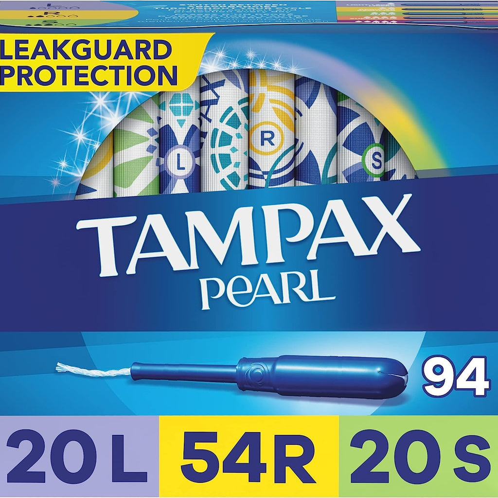 Tampax Pearl Tampons Multipack, Light/Regular/Super Absorbency, with Leakguard Braid, Unscented, 94 Count