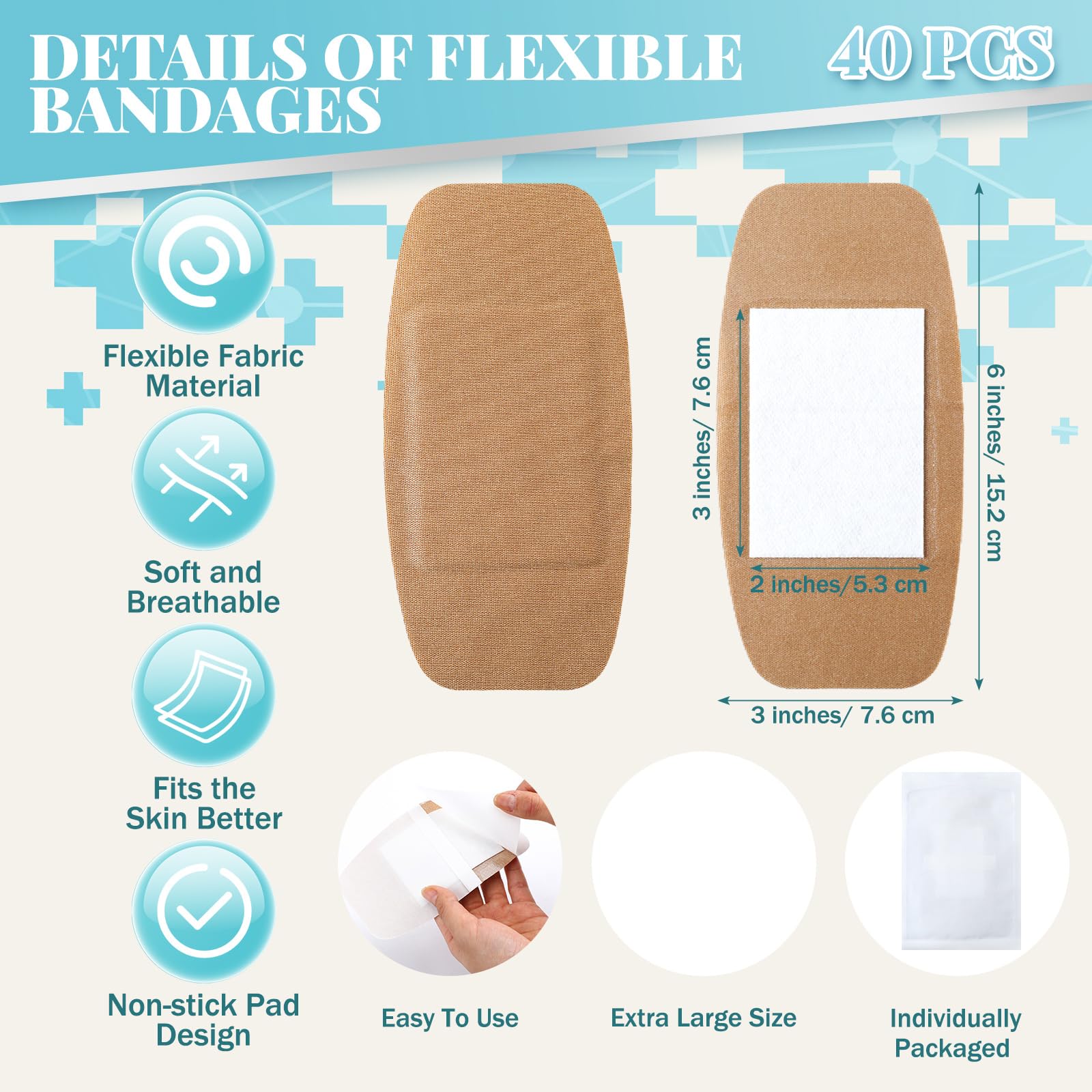 Geiserailie 40 Pcs Extra Large Flexible Adhesive Bandages 6x3 Fabric Bandages with Non-Stick Pad Latex Free Painless Removal for
