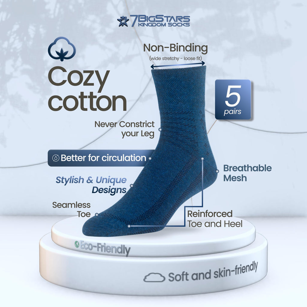 7BigStars Men Novelty Diabetic Loose Cotton Quarter Socks - 5 Pack Big Tall - Stripe Pattern - Sock Size 13-15 Shoe Size 12-15 X