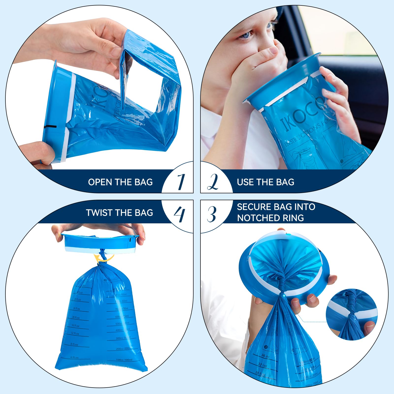 26 Pack Vomit Bags Disposable, IKOCO1000ml Leak Resistant Emesis Throw Up Bag, Motion Barf Puke Sickness Bags for Travel, Nausea