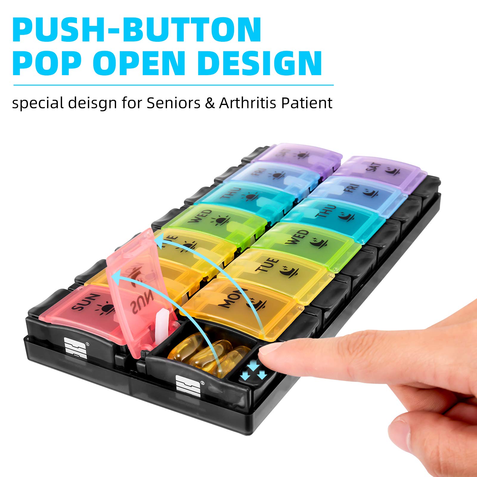 FGcase AM PM Weekly 7 Day Pill Organizer, Large Daily Pill Cases Pill Box with Easy Push Button, Pill Reminder Container for Med