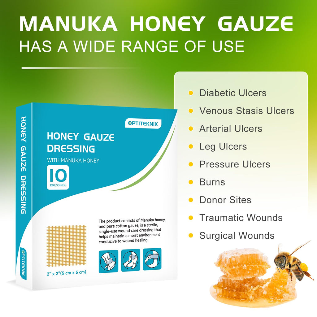 OPTITEKNIK Manuka Honey Gauze Dressing 2x2 Pack of 10, Manuka Honey Wound Care Bandage for Cuts, Scalds and Burns, Wound Dressin