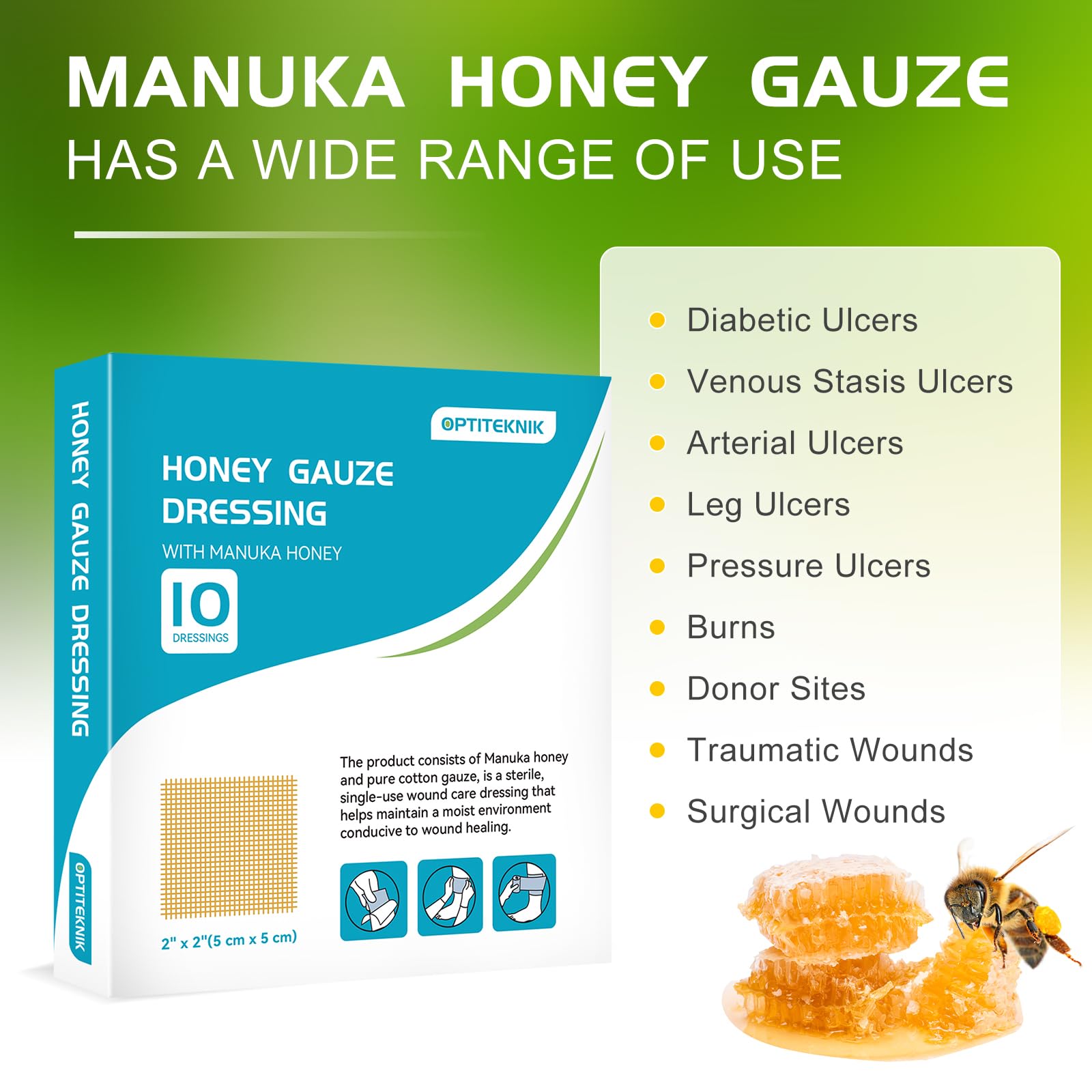 OPTITEKNIK Manuka Honey Gauze Dressing 2x2 Pack of 10, Manuka Honey Wound Care Bandage for Cuts, Scalds and Burns, Wound Dressin