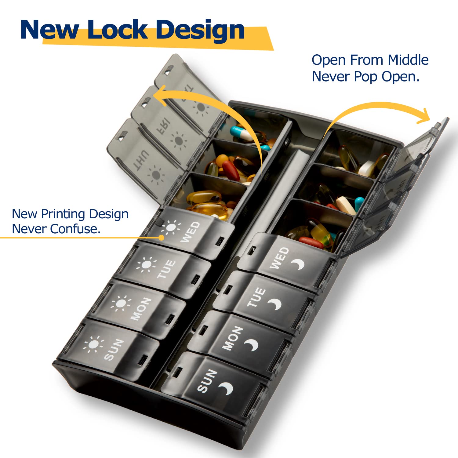 XL Large Pill Organizer 7 Day, Weekly Medicine Pill Box 2 Times a Day,Am Pm Pill Case Organizer 14 Compartments with Hinged Lids