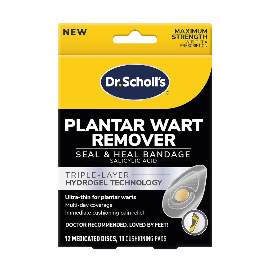 Dr. Scholl's Plantar WART Remover HYDROGEL Bandage 12 Discs 10 Cushions, Immediate Cushioning Pain Relief, Ultra-Thin, Maximum S