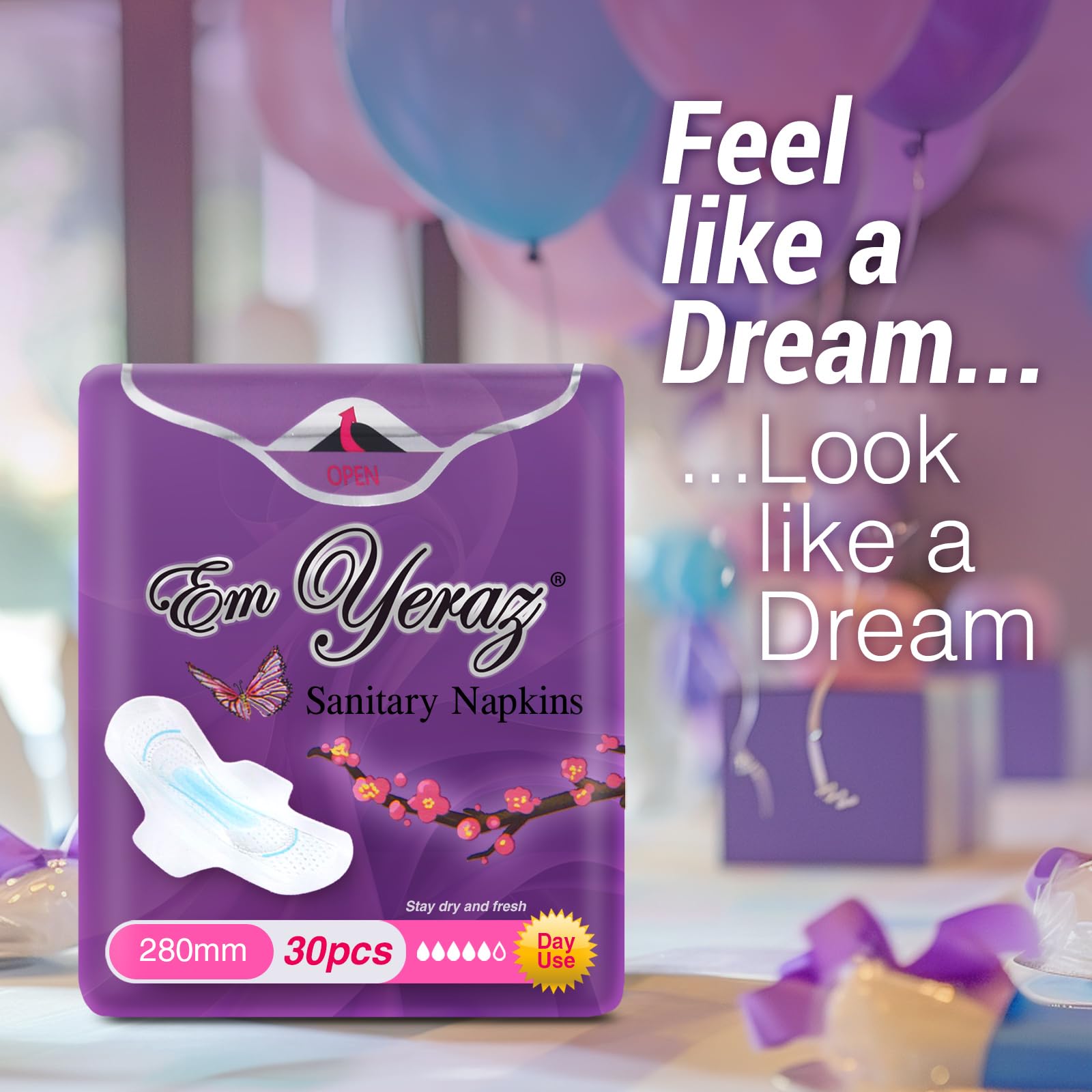 Em Yeraz Women Sanitary Pads, Ultra-Thin, Fast Absorbency with Wings, Size 5, 30 Count, Day use