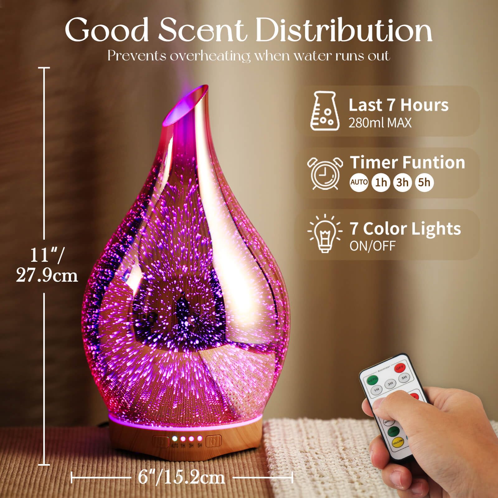 Porseme 280ML Essential Oil Diffuser, Aroma Ultrasonic Humidifier with Remote Control, BPA Free, Auto Shut-Off, Timer Setting