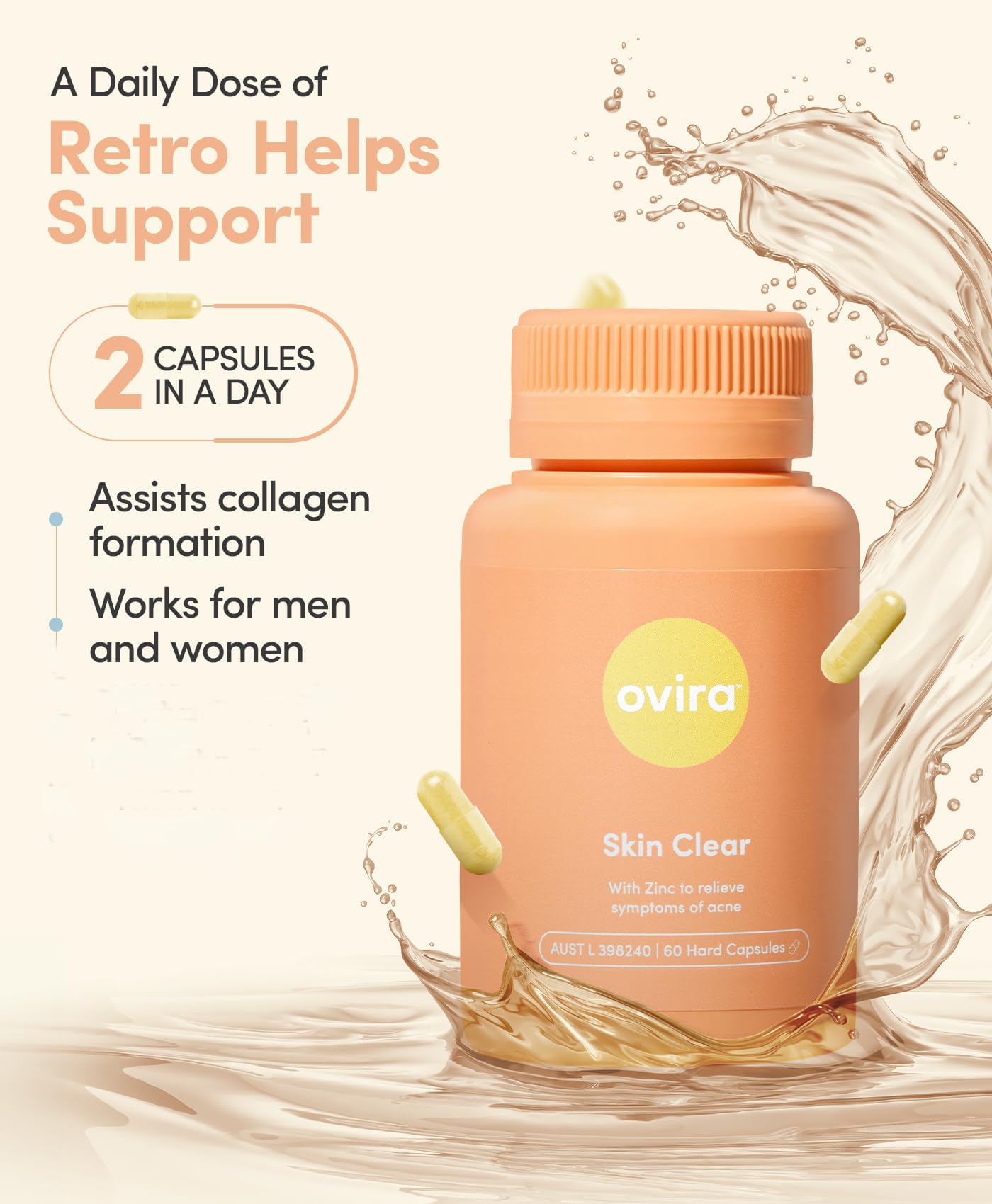 Ovira Skin Clear with ZINCBRIGHT - 60 Capsules for Clear and Glowing Skin | Rosacea & Hormonal Acne Treatment | Support Collagen