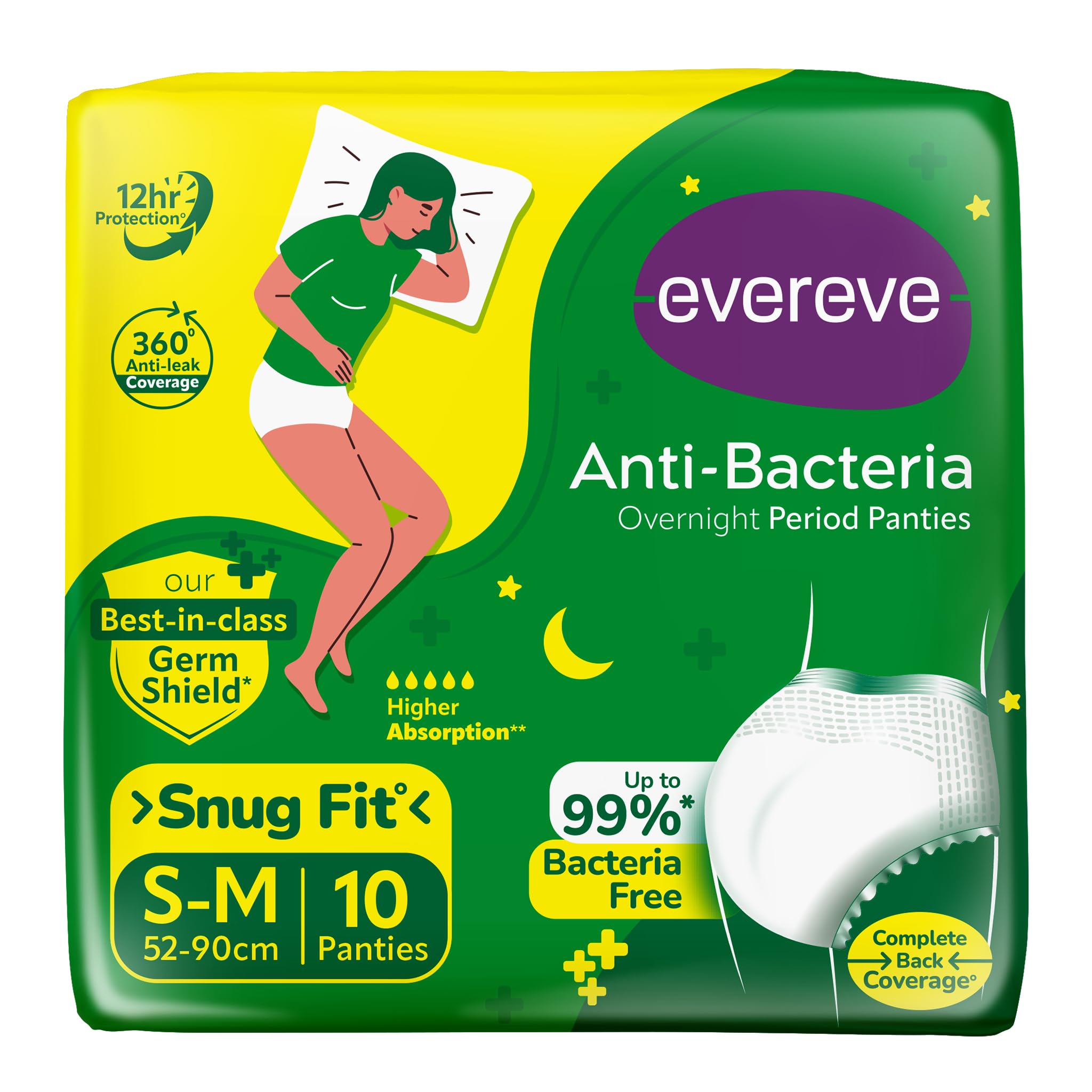 Evereve Anti Bacteria Period Panty For Girls & Women, (SM), 10 Pcs, 360 Degree Overnight Coverage, 99.9% Bacteria Free, High Ab