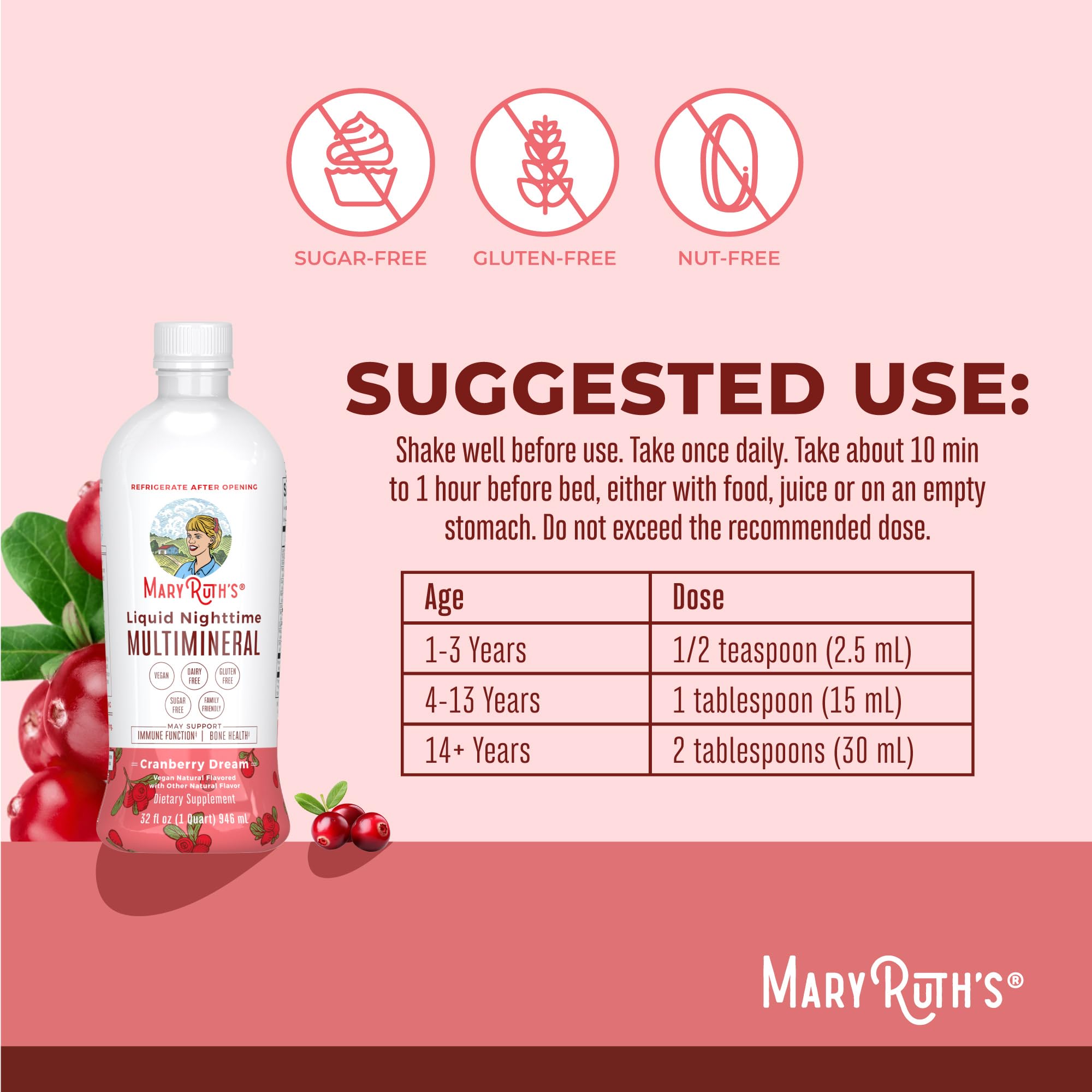 MaryRuth Organics Liquid Nighttime Multimineral | No Melatonin | Bedtime Routine | Magnesium Citrate | Calcium | Zinc | Vitamin