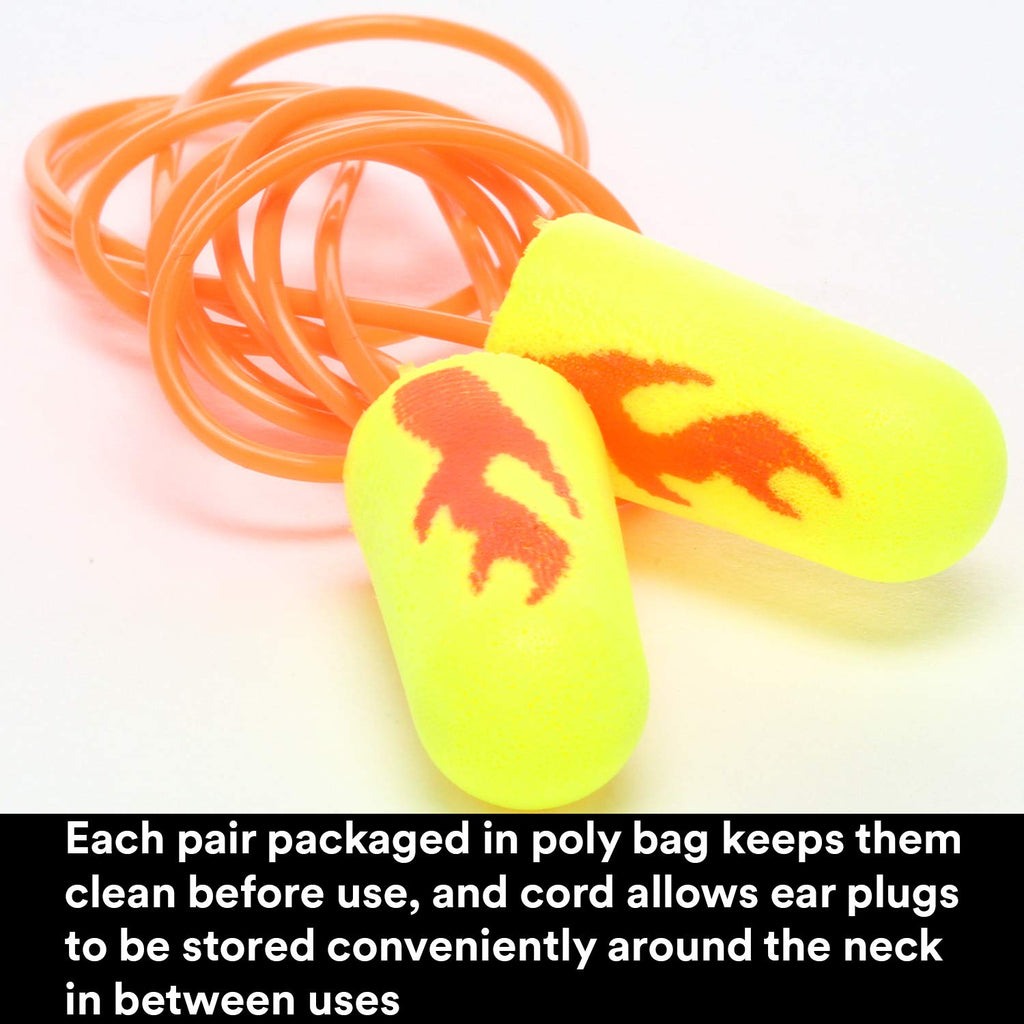 3M Ear Plugs, Pack of 200, E-A-Rsoft Yellow Neon Blasts 311-1252, Corded, Disposable, Foam, NRR 33, Drilling, Grinding, Machinin