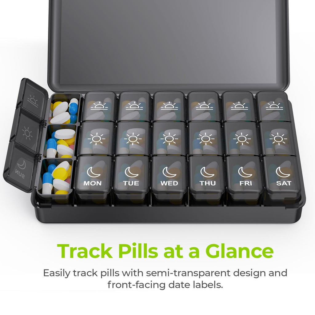 AUVON Weekly Pill Organizer 3 Times a Day, Large Pill Box 7 Day with Dual Protection for Travel, Black Pill Case for Privacy Pro