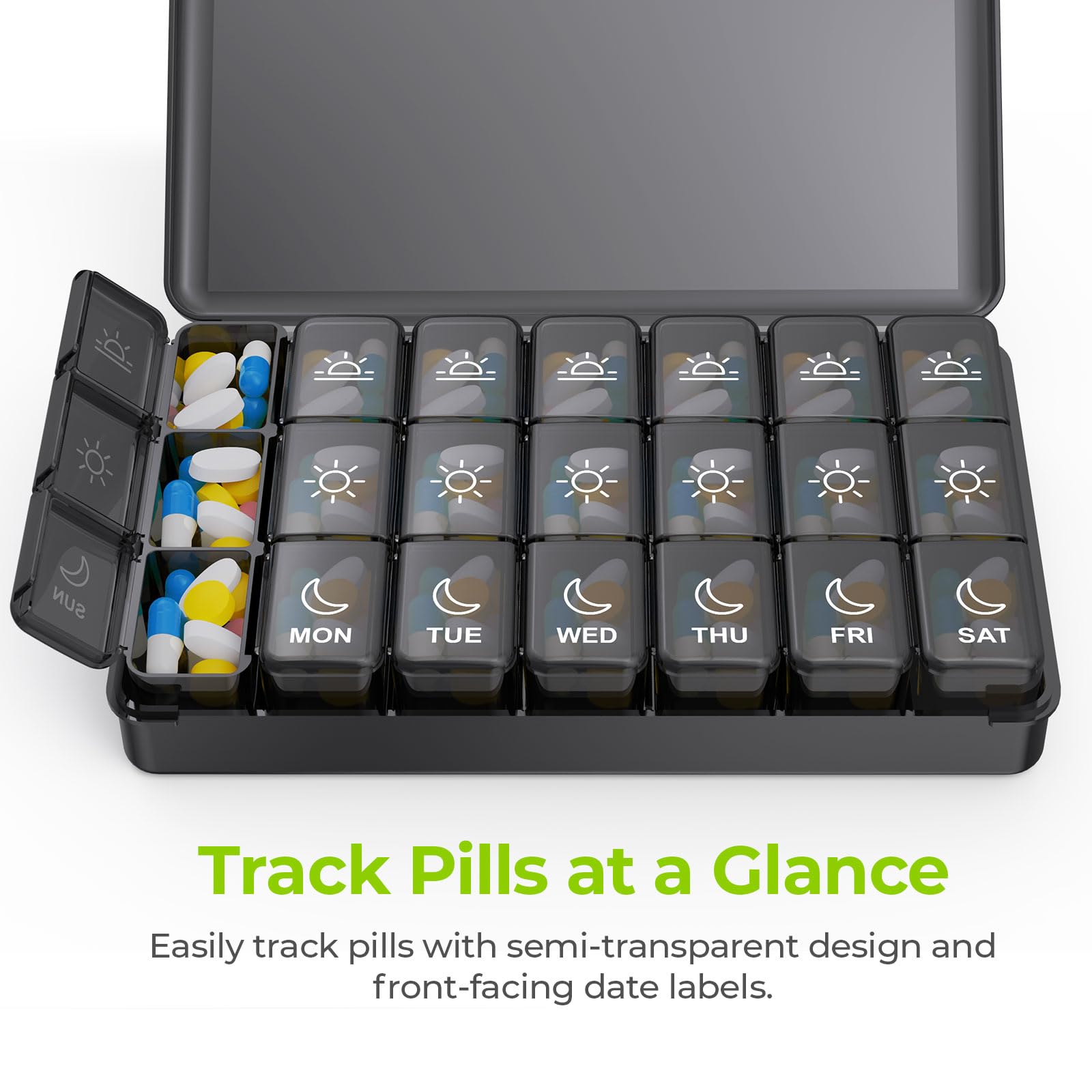 AUVON Weekly Pill Organizer 3 Times a Day, Large Pill Box 7 Day with Dual Protection for Travel, Black Pill Case for Privacy Pro