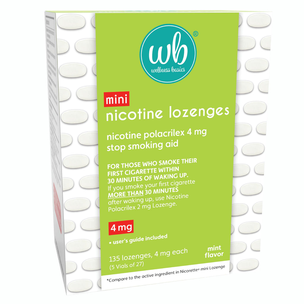 Wellness Basics Mini Nicotine Lozenge 4mg | Stop Smoking Aid | Mint Flavor | 135 Count | Pack of 5 Vials | Reduces Cravings & Wi