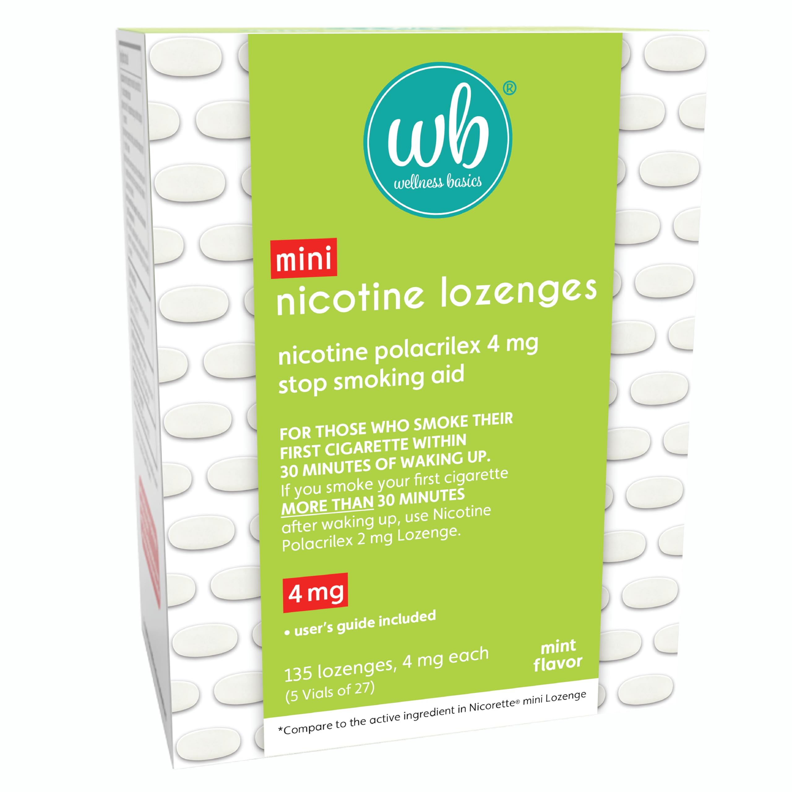 Wellness Basics Mini Nicotine Lozenge 4mg | Stop Smoking Aid | Mint Flavor | 135 Count | Pack of 5 Vials | Reduces Cravings & Wi