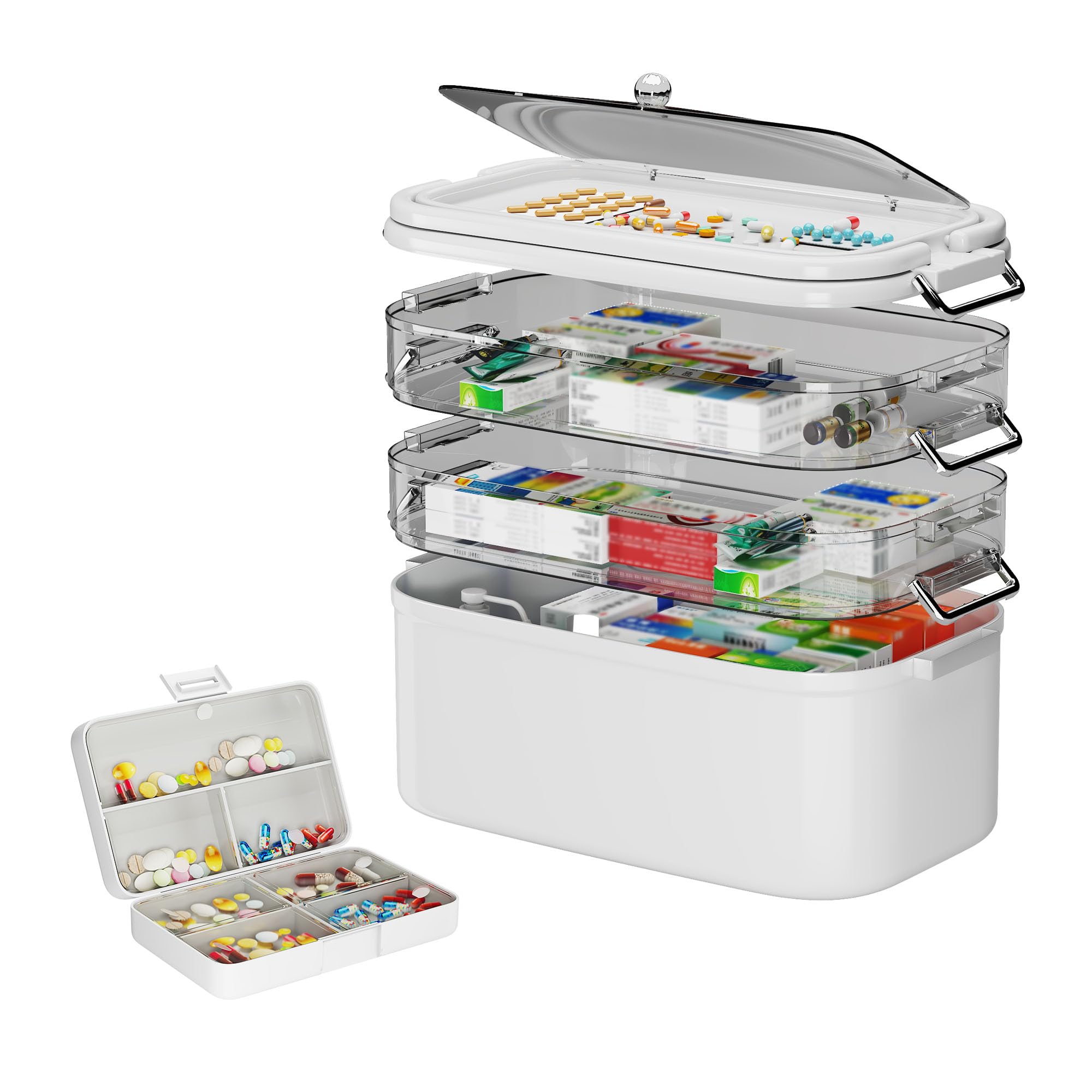 NiHome Home & Travel 4-Tier Medicine Storage Box with Portable Pill Case, Durable Adjustable Compartments, Moisture-Resistant Li