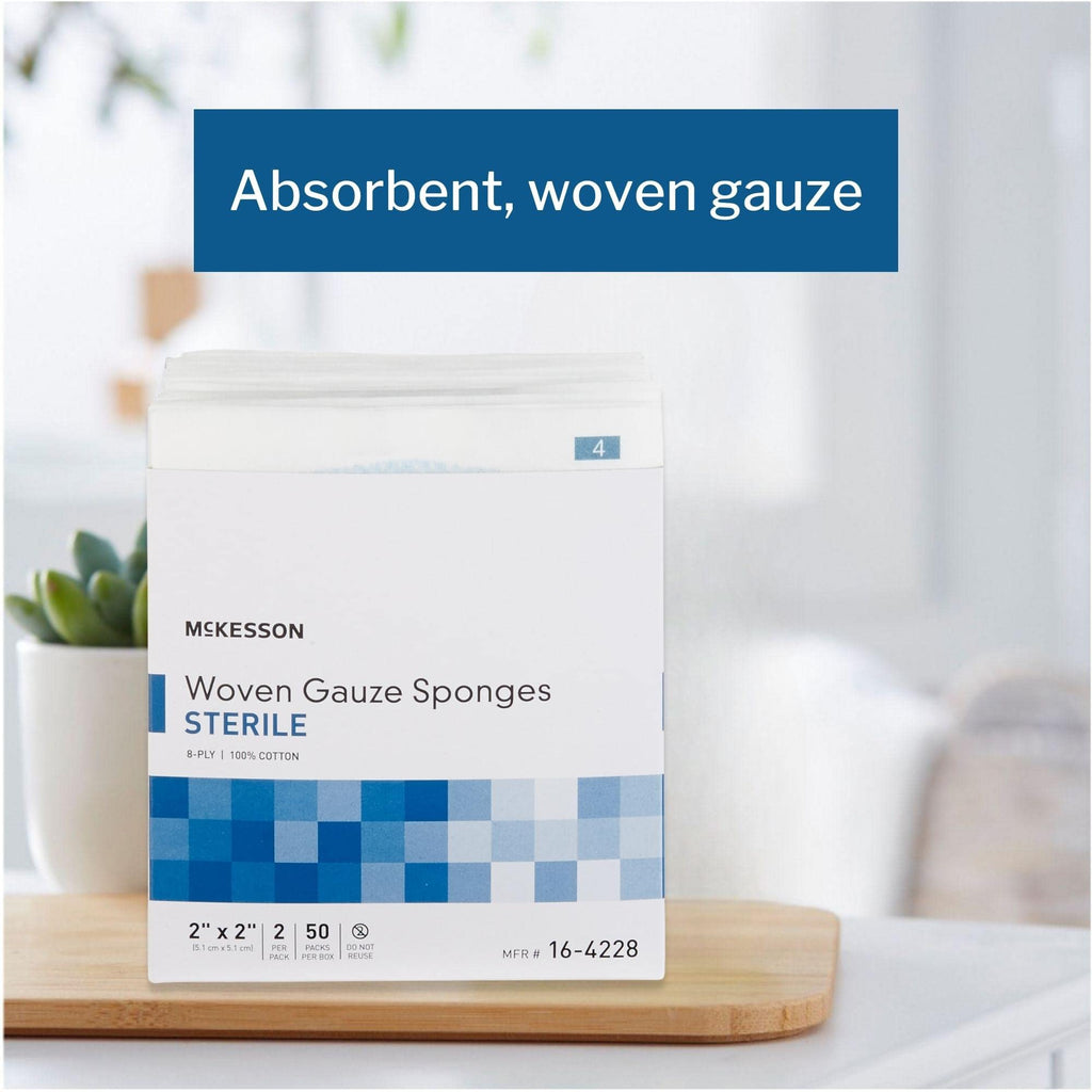 McKesson 8-Ply Sterile Gauze Sponges, 2 x 2, 2 counts per Pack, 50 Packs, total 100 Sterile Gauze Sponges