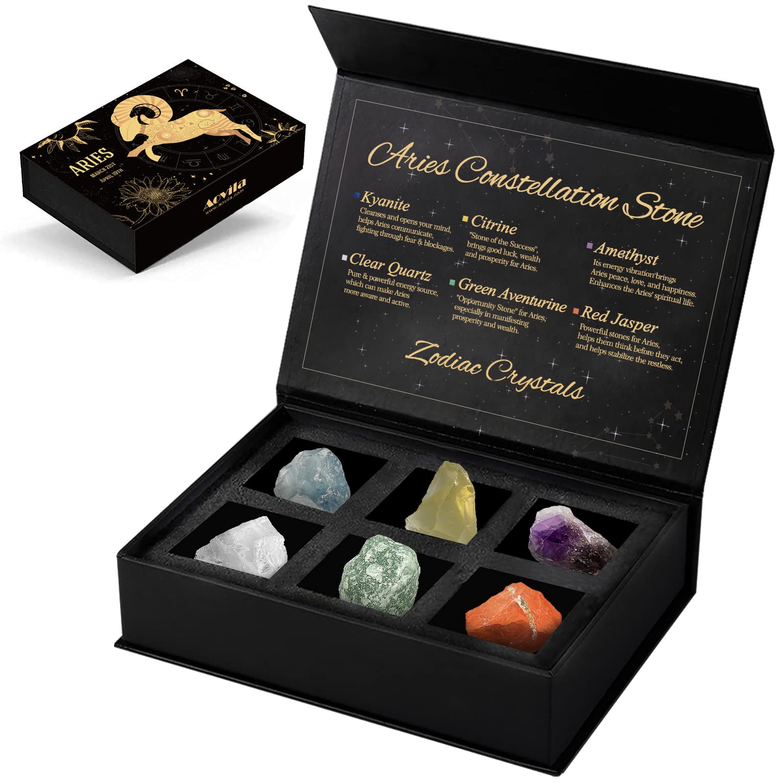 Aries Crystals Gift Set, Zodiac Signs Healing Crystals Birthstones with Horoscope Box Set Aries Astrology Crystals Healing Stone