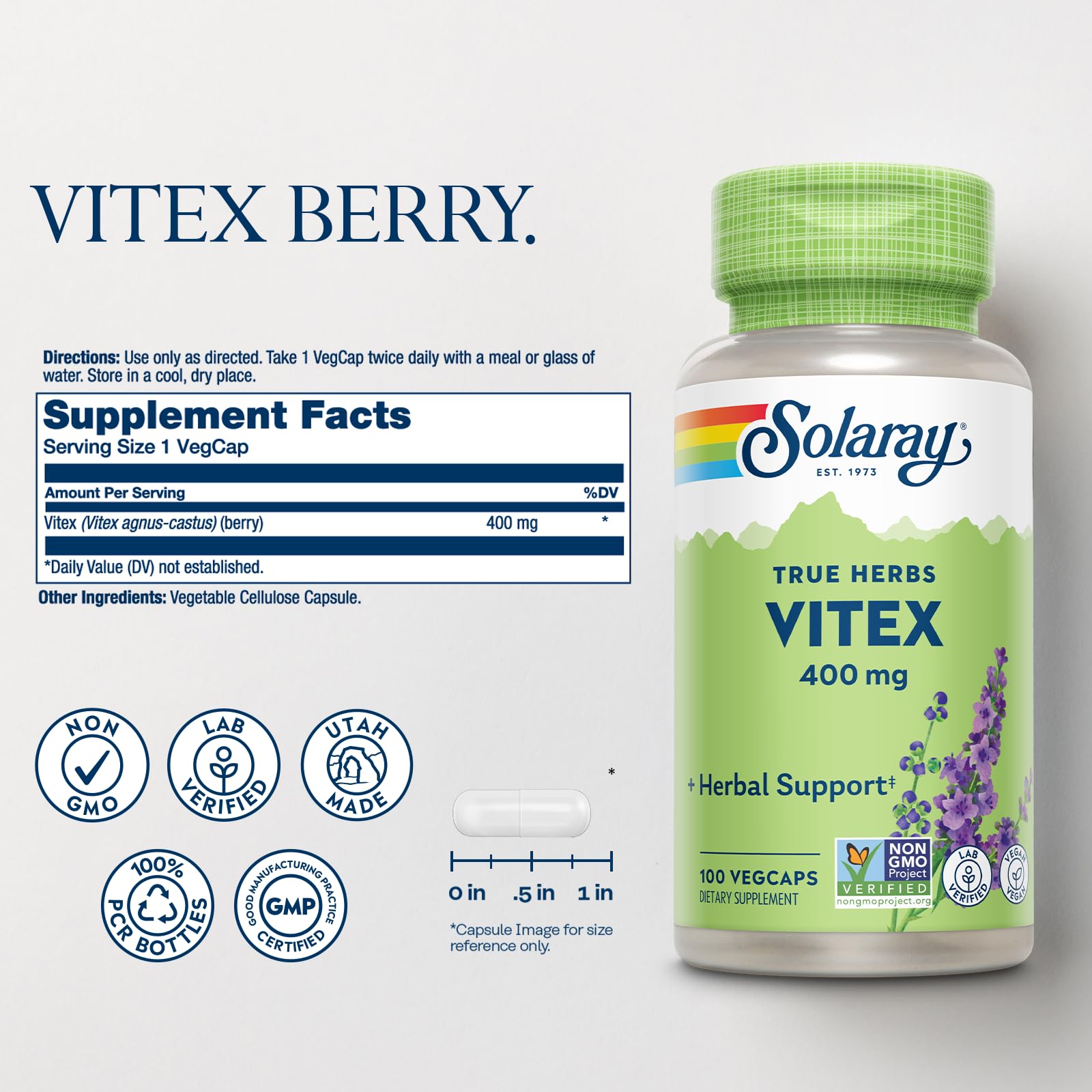 Solaray Vitex Berry 400mg | Womens Healthy Hormone Balance Formula | Menstruation & Menopause Support, 100ct