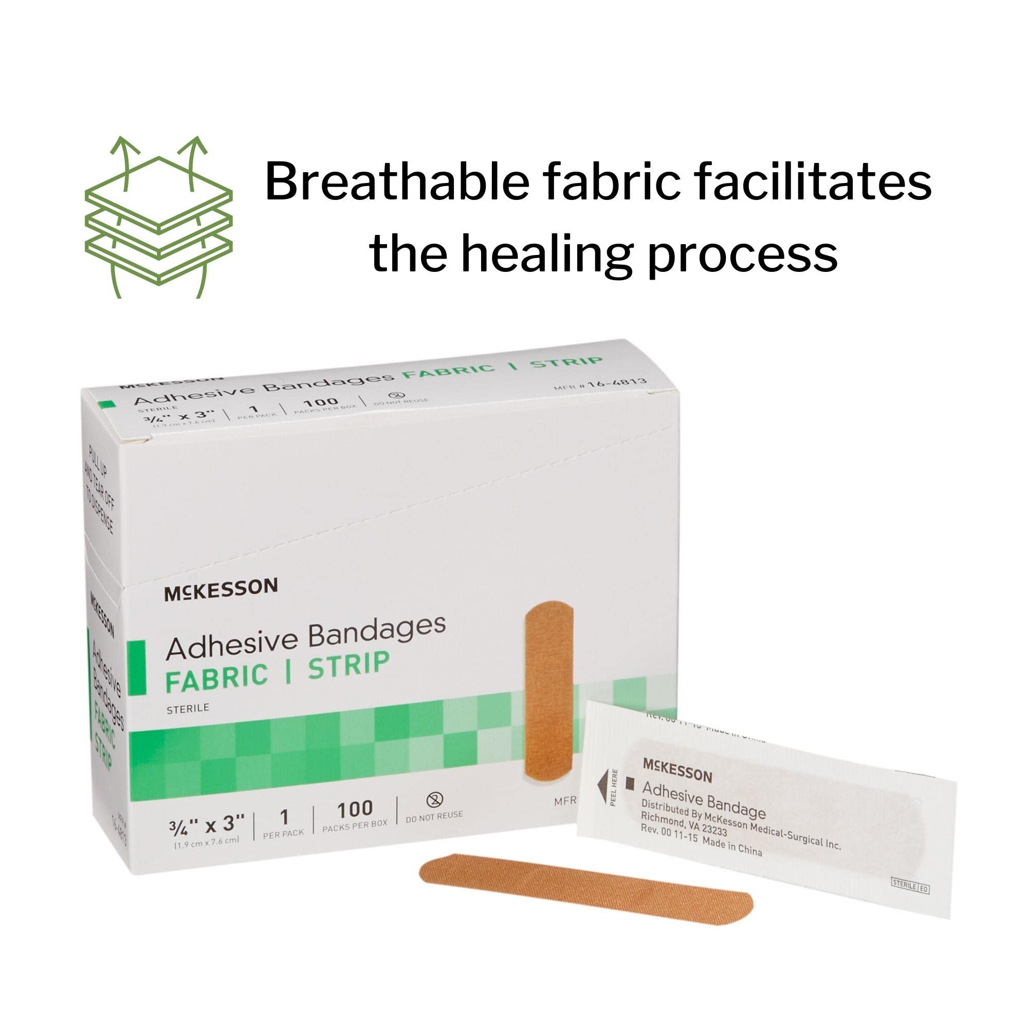 McKesson Adhesive Bandages, Sterile, Fabric Strip, 3/4 in x 3 in, 100 Count, 1 Pack