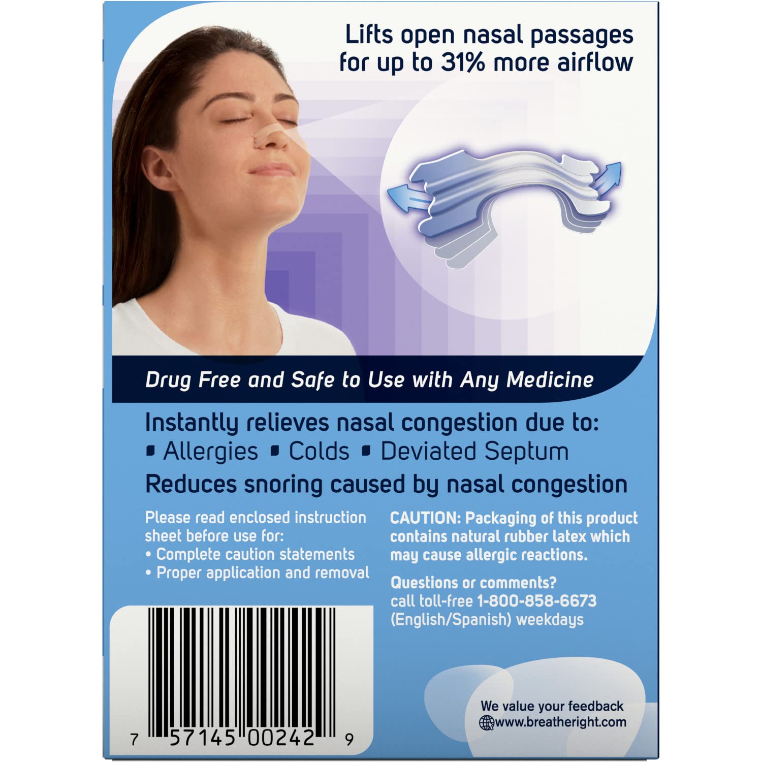 Breathe Right Nasal Strips for Sensitive Skin, Large, Clear, 30 Strips