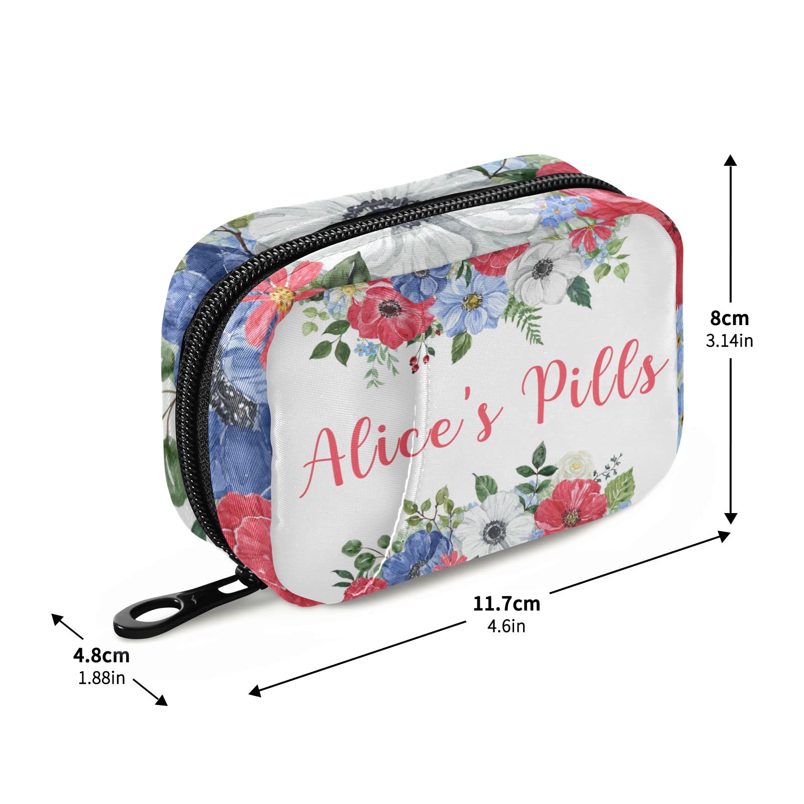 Custom Pill Box 7 Day Pill Case Bag Vintage Watercolor Flowers Personalized Name Travel Pill Organizer Bag with Zipper Portable