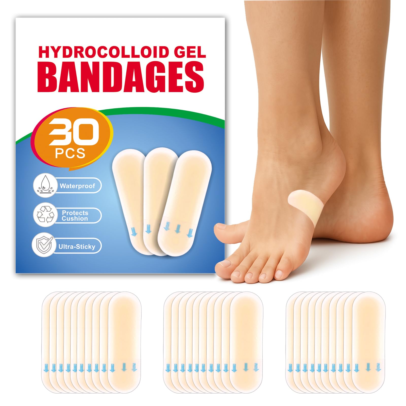 Hydrocolloid Blister Bandages for Heels - 30 Count Long Strips - Thick Gel Pads, Waterproof, Strong Adhesive Blister Protection 