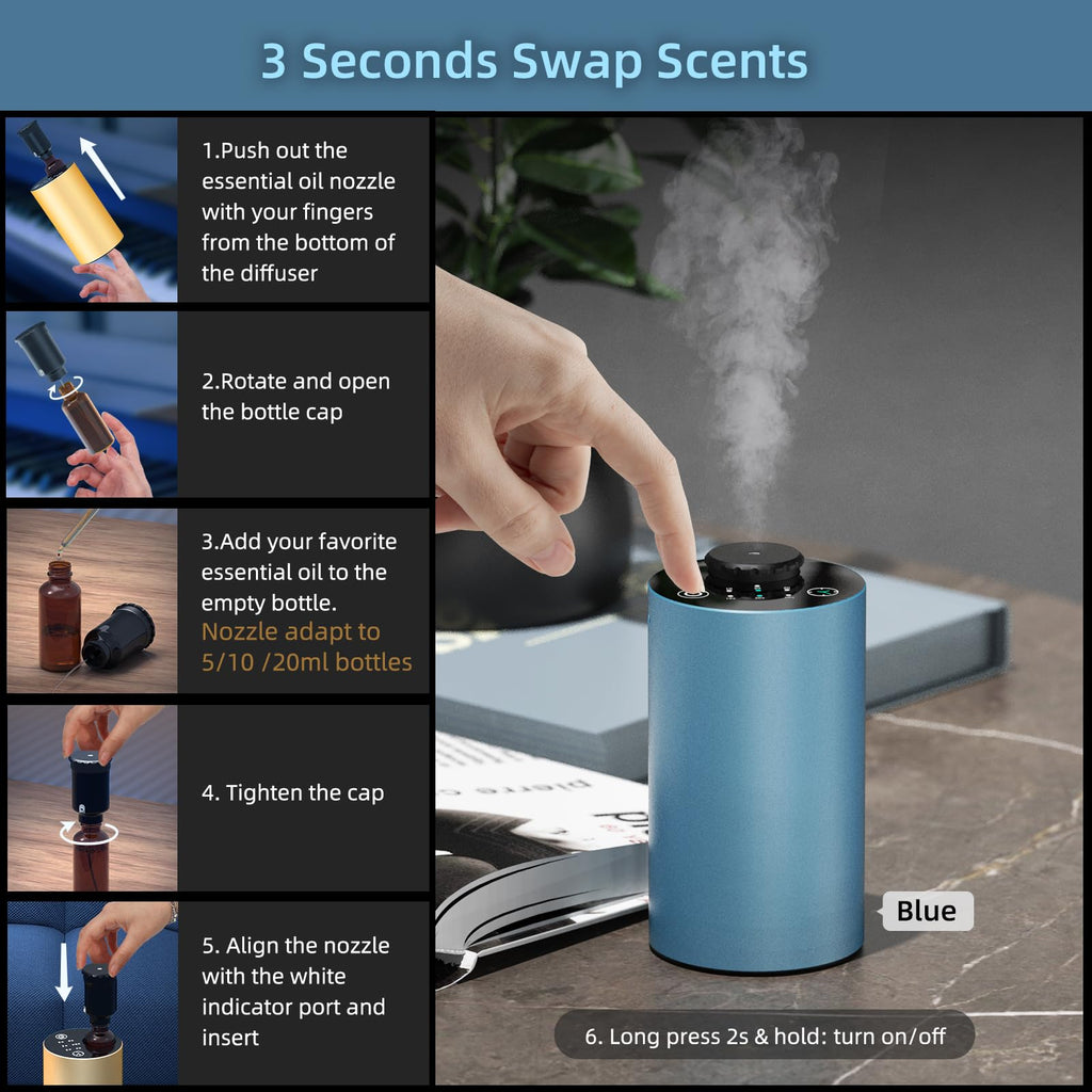 Waterless Diffuser for Essential Oil, Battery Operated Portable Nebulizer, Aromatherapy Scent Diffusers for Home Large Room, Car