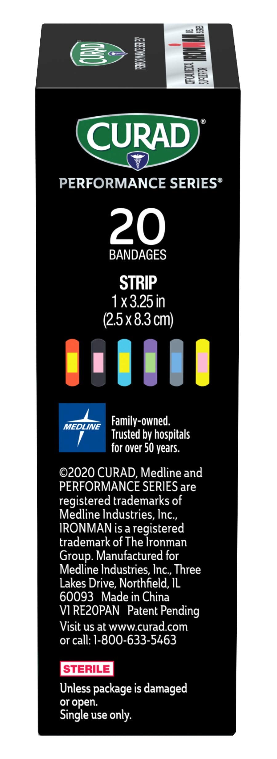 CURAD Performance Series IRONMAN Antibacterial Bandages, Extreme Hold Adhesive Technology, Standard Size Flexible Fabric Bandage